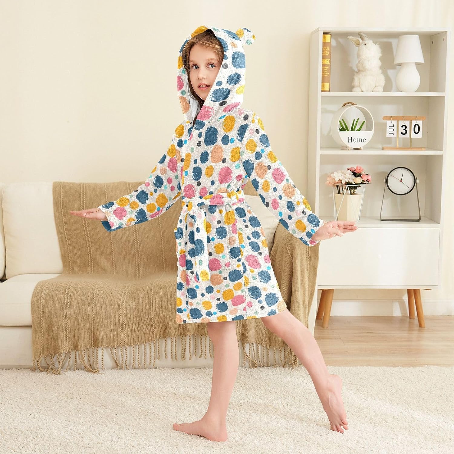senya Polka Dots Colorful Toddler Hooded Bathrobe Kids Soft Plush Bath Towel Robes for Boys Girls 2-12 Years