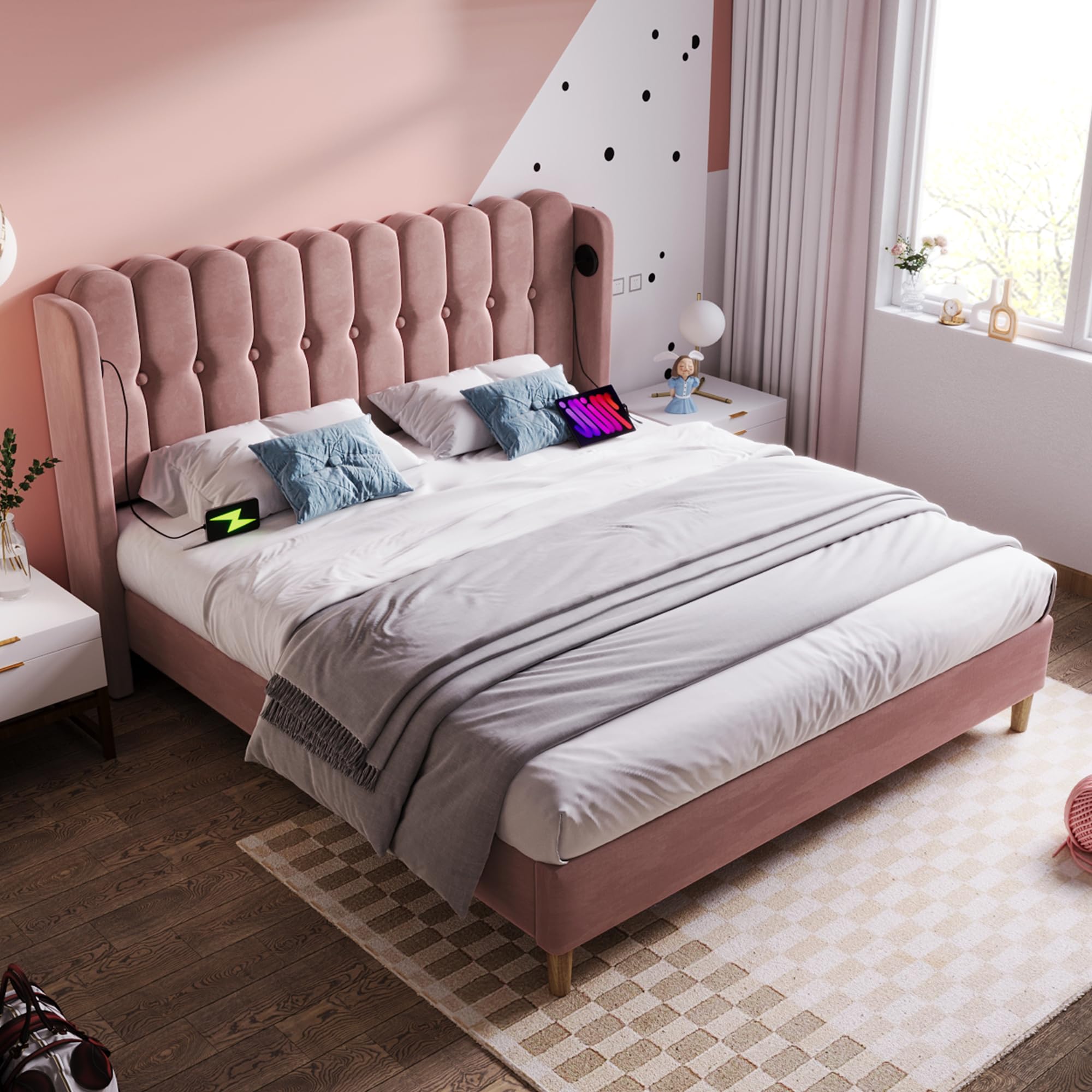Merax 4ft6 Upholstered Double Bed Frame Pink Velvet Bed with USB & Type-C Charging Ports,135x190 cm Teenager Bed with Wooden Slatted Frame for Bedroom & Guest Room (No Mattress)