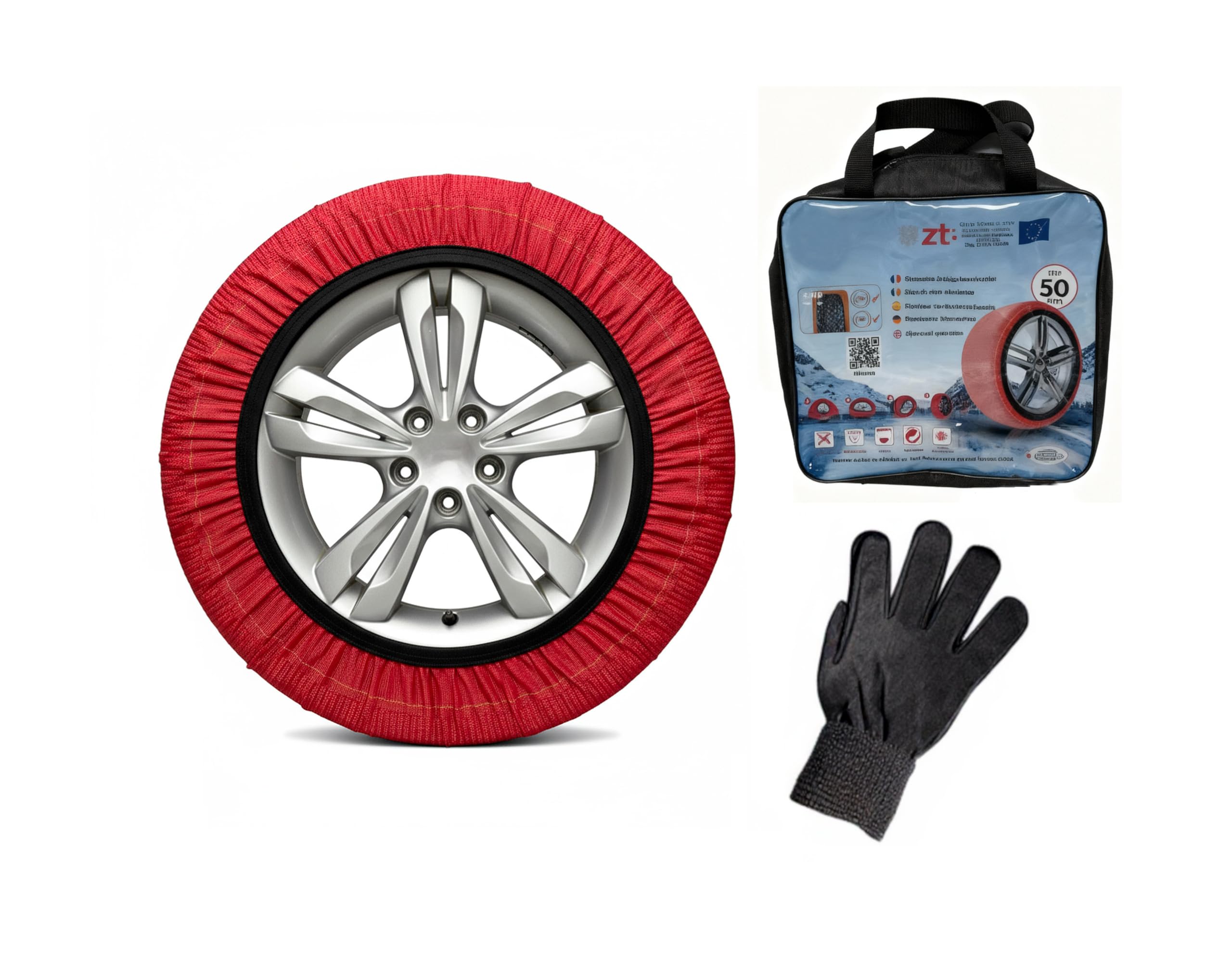 Calze Da Neve Auto Omologate EN 16662-1 Trazione Antiscivolo Su Neve E Ghiaccio Set Completo Rosso (L)