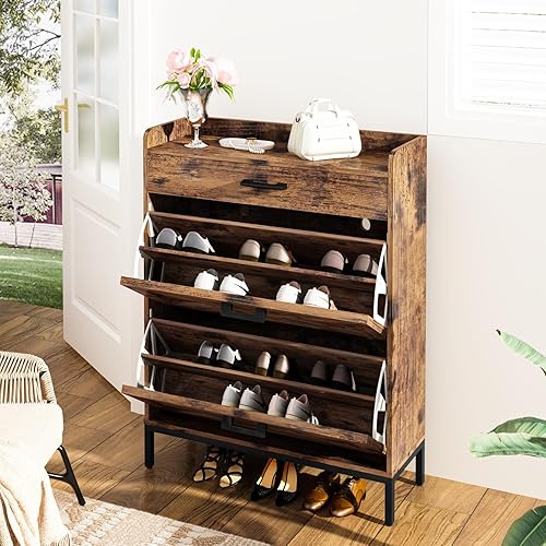 Miniatura 5 de Hooseng Zapatero con 2 cajones abatibles, organizador de zapatos independiente, zapatero estrecho con estante ajustable adecuado para entrada,