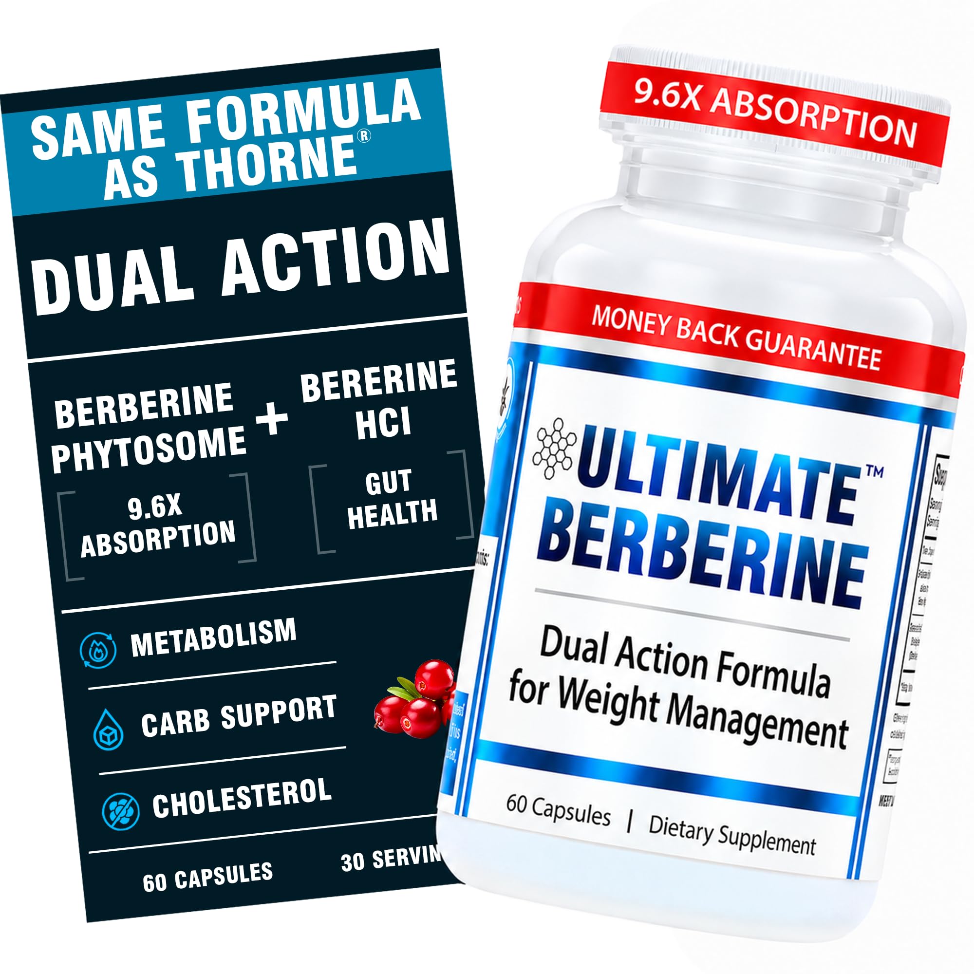 Ultimate Berberine - Compare to $44 Brand - Dual Action Formula with Phytosome Plus Botanical Extract - Support Heart Health, Immune System, Healthy GI & Cholesterol* - Gluten-Free - 30 Servings