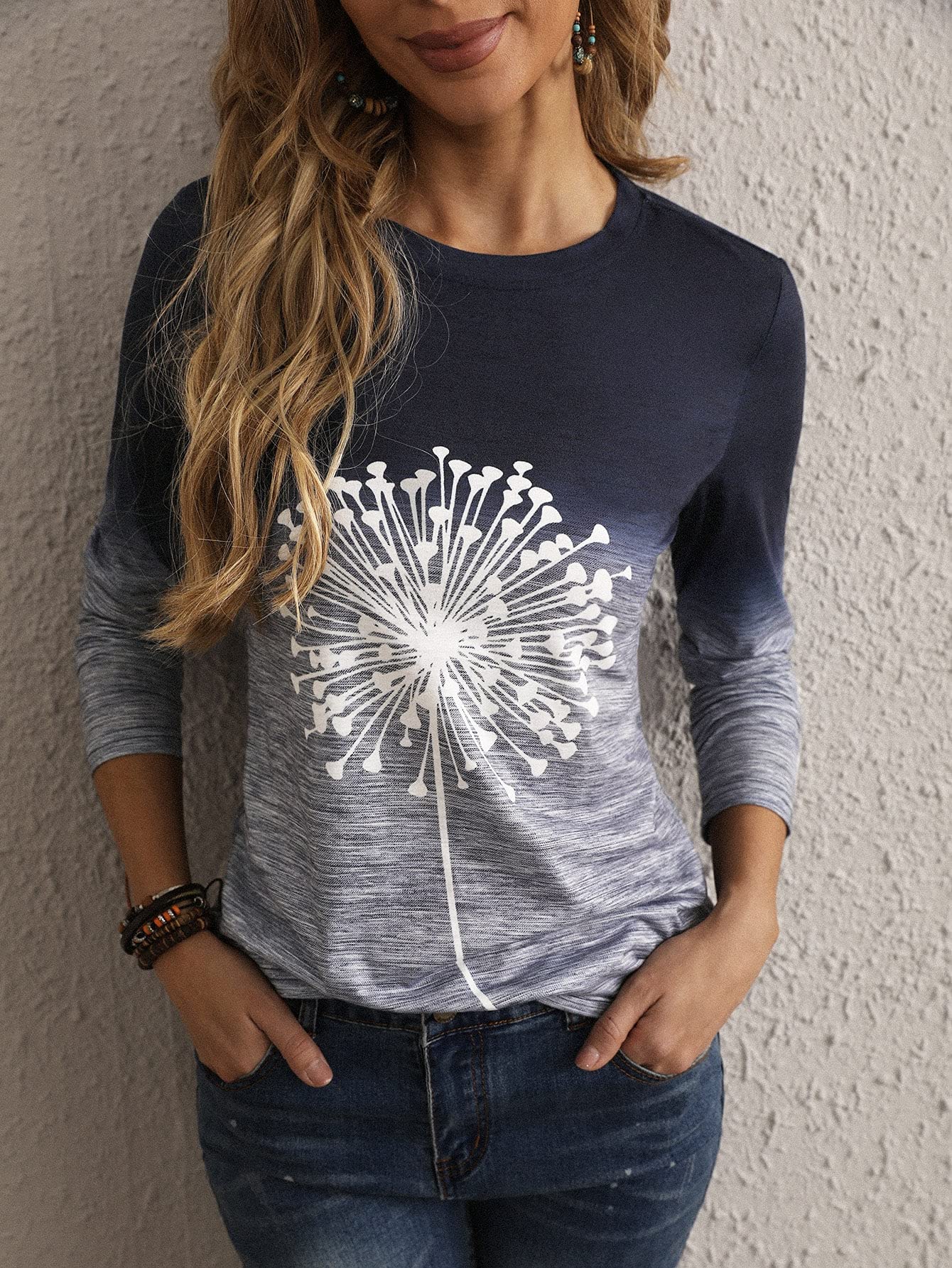 VELYTA Women's T-shirt Dandelion Print Ombre Tee (Color : Multicolor, Size : XL)