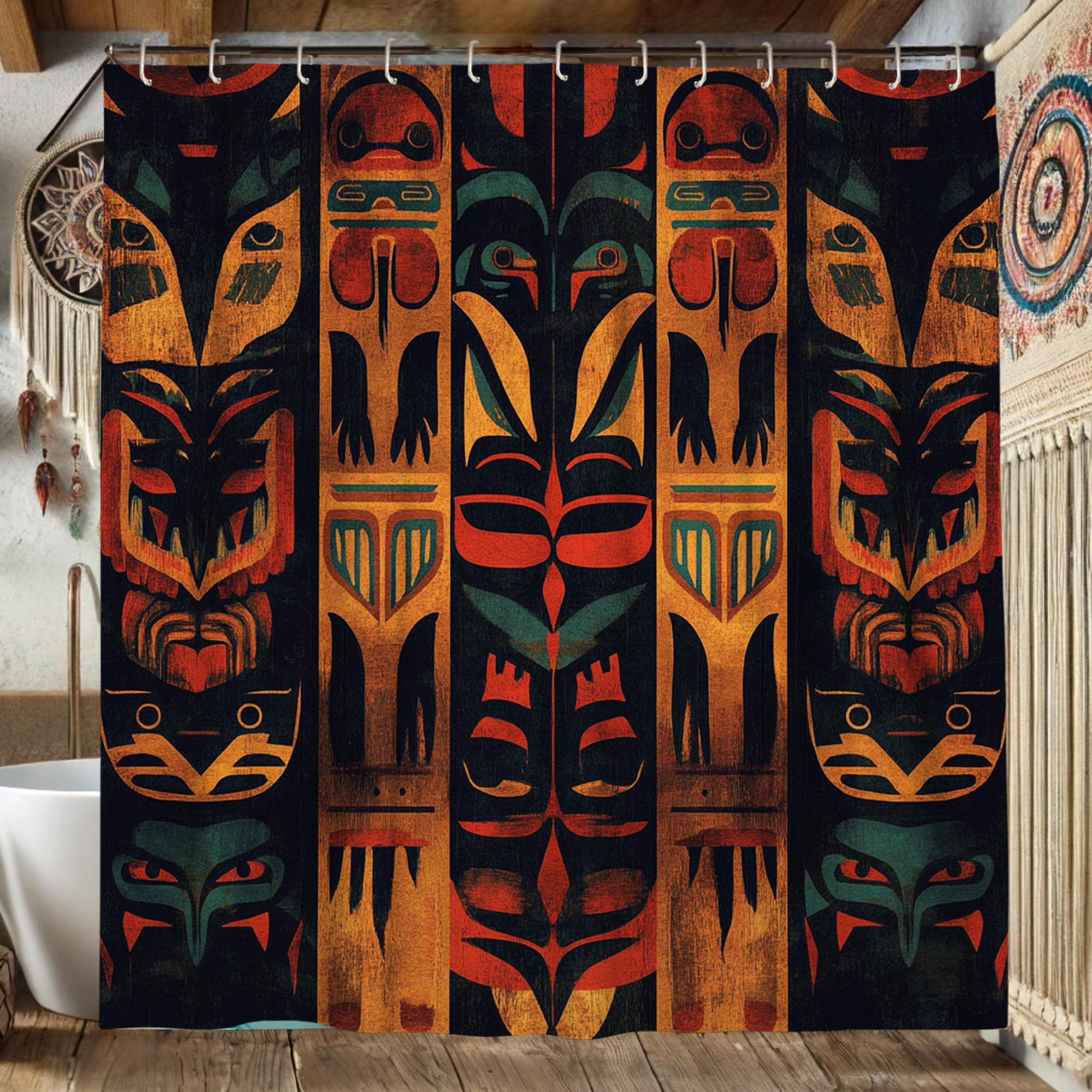 Tribal Faces Shower Curtain, Multicolor Tiki Mask Shower Curtain for Bathroom Decor, Bohemian Art Waterproof Fabric Shower Curtain Set with Hooks 72x78 Inch