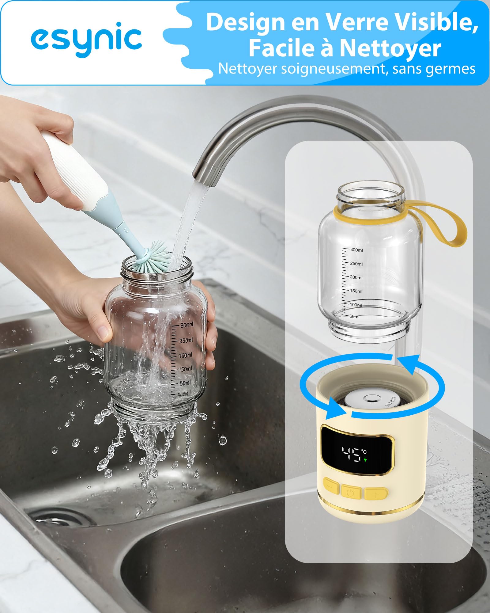eSynic Chauffe Biberon Nomade Capacité 300ml sans Fil Écran Digital Verre Borosilicaté Graduations Claires Chauffe biberon Portable Contrôle de Température 37–55°C Batterie 15000mAh pour Voyage Sortie