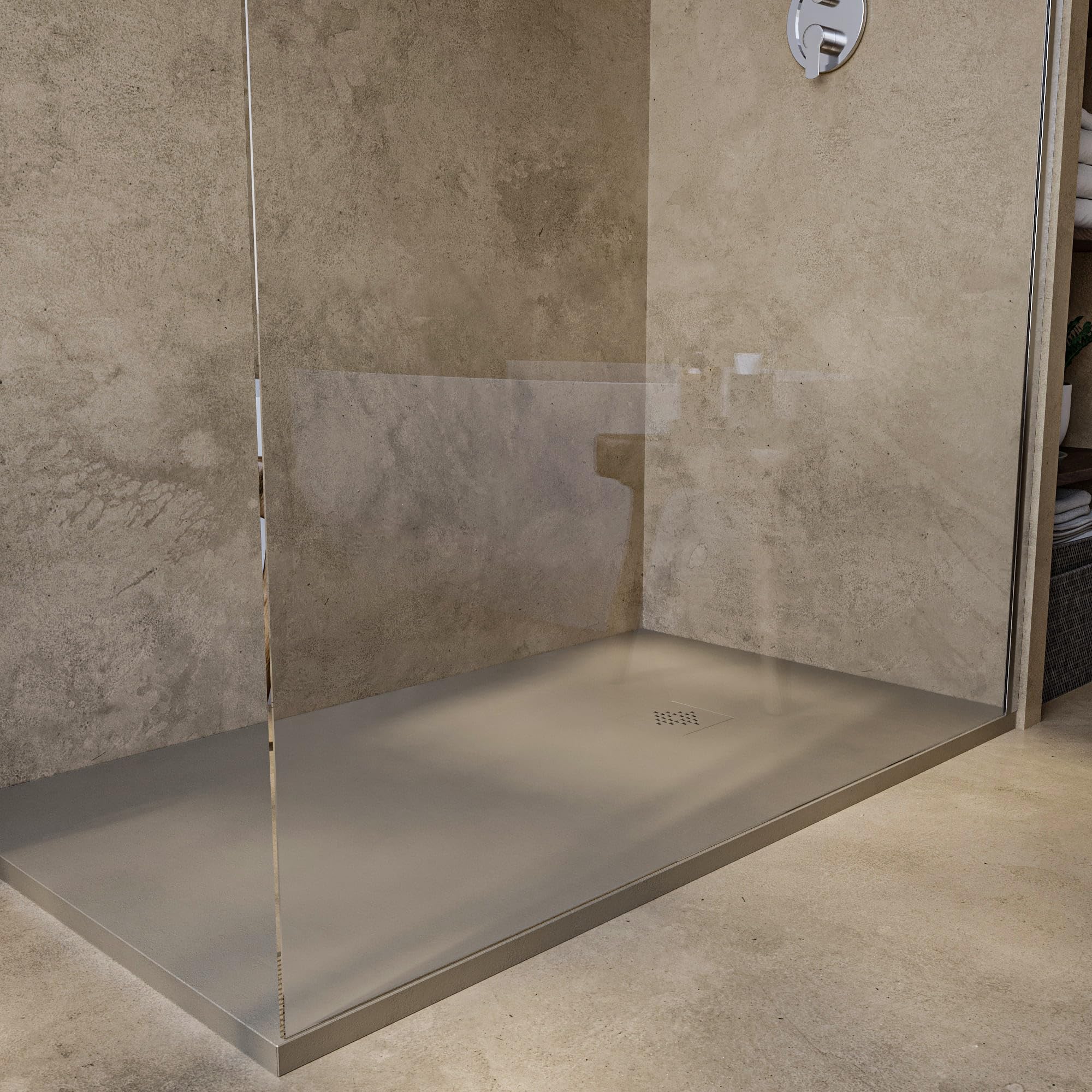 SoulHome Plato de Ducha Resina 60x60 Moka - Rejilla Mismo Color | Antideslizante C3, Extraplano, Resina y carga mineral, Textura Liso Piedra, Antibacteriano, Gel-coat, Incluye válvula desagüe