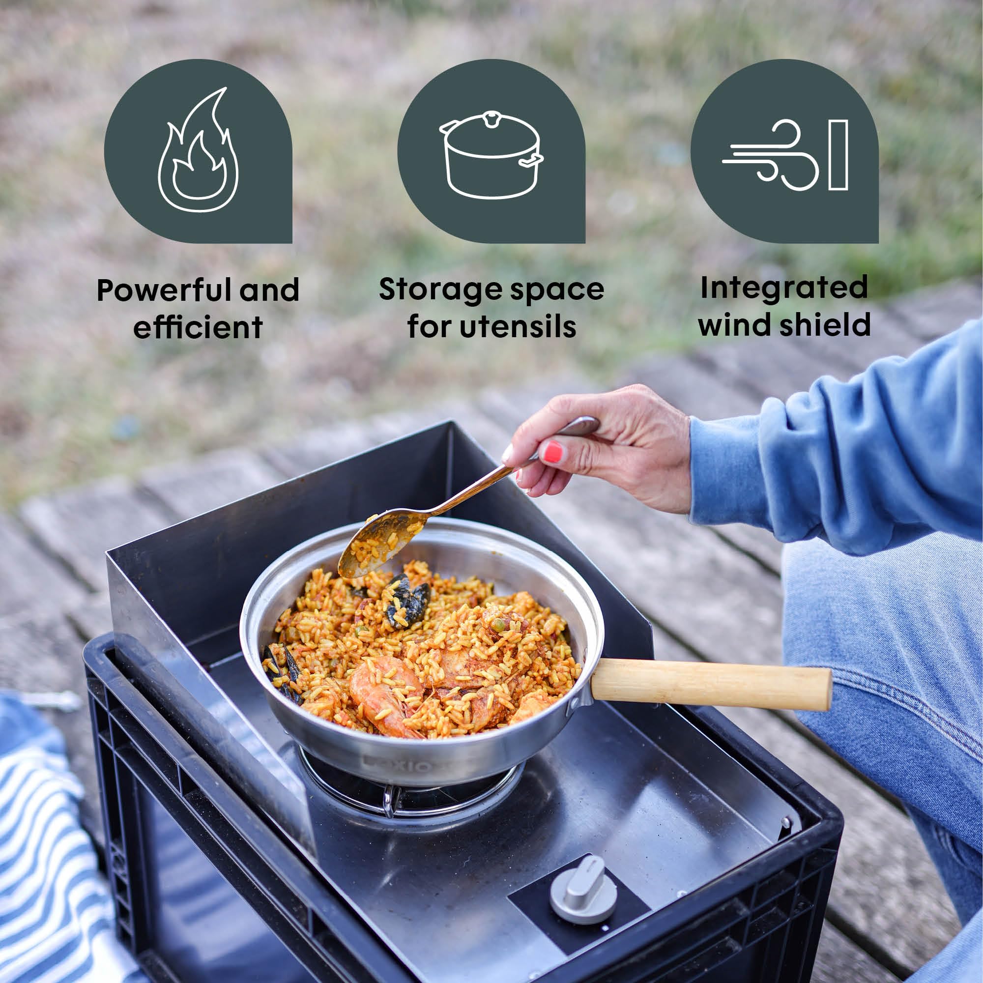BOXIO - COOK Plus: Set di Fornello da Campeggio con Spazio di Stoccaggio, Protezione dal Vento e Set di Pentole da Campeggio, Fornello a Gas con Cartucce per Campeggio, Outdoor, Vanlife e come