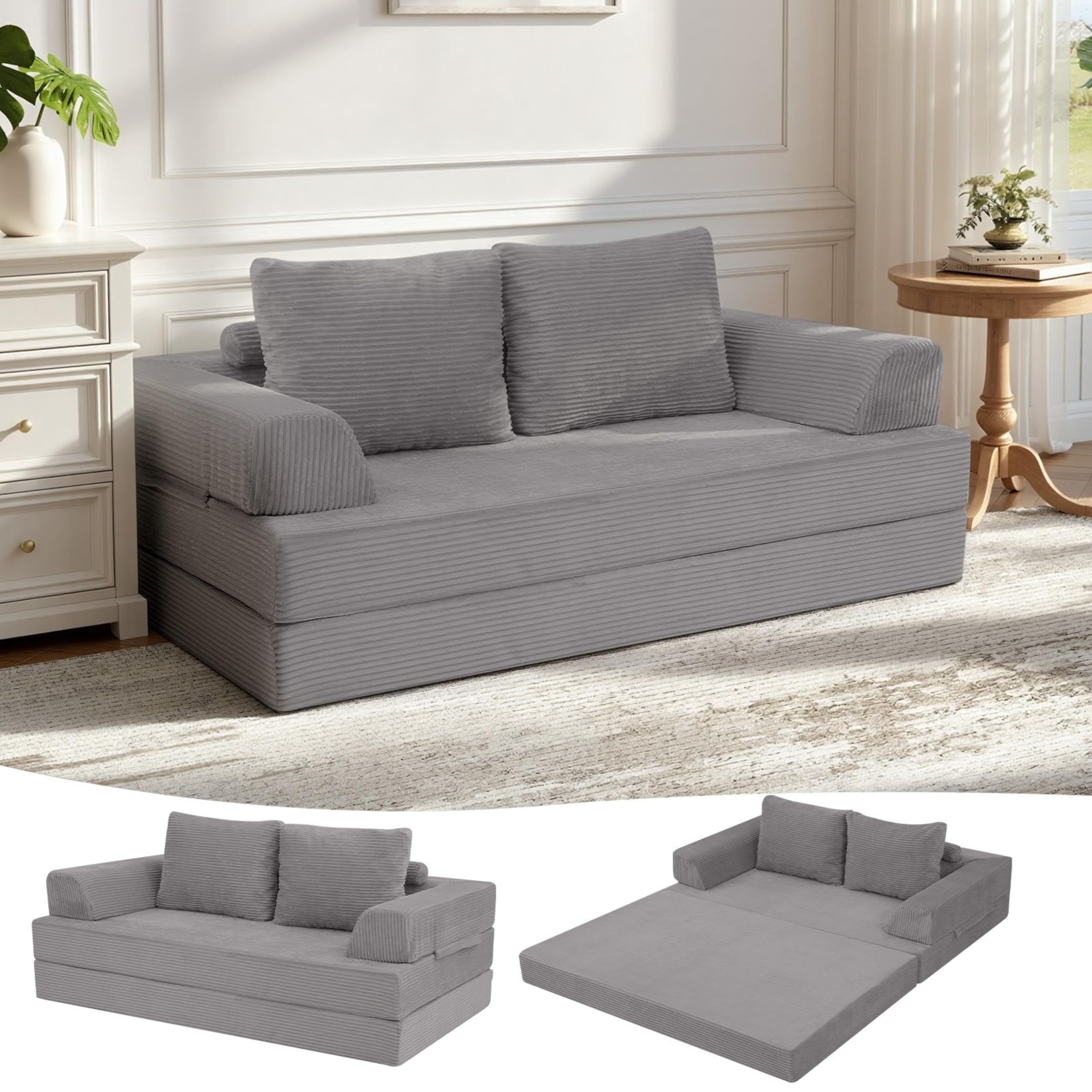 MeMoreCool Boneless Sofa Bett aus Cord – Boden Schlafsofa Convertible Futon mit Kissen, Bequeme Schaumstoff-Matratze, Vielseitige Lounge Cloud Couch für Wohnzimmer & Schlafzimmer, Hellgrau