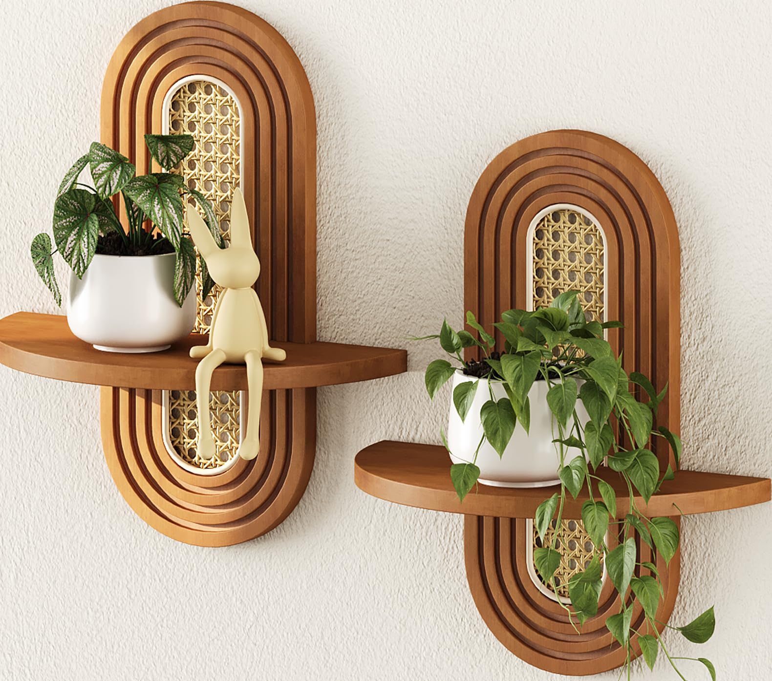 Floating Shelves for Wall, Boho Rattan Shelf Set of 2, Unique Small Decorative Shelf Wall-Mounted, Nature Wood Shelves for Living Room,Bedroom,nursey Room (Walnut)-image-20