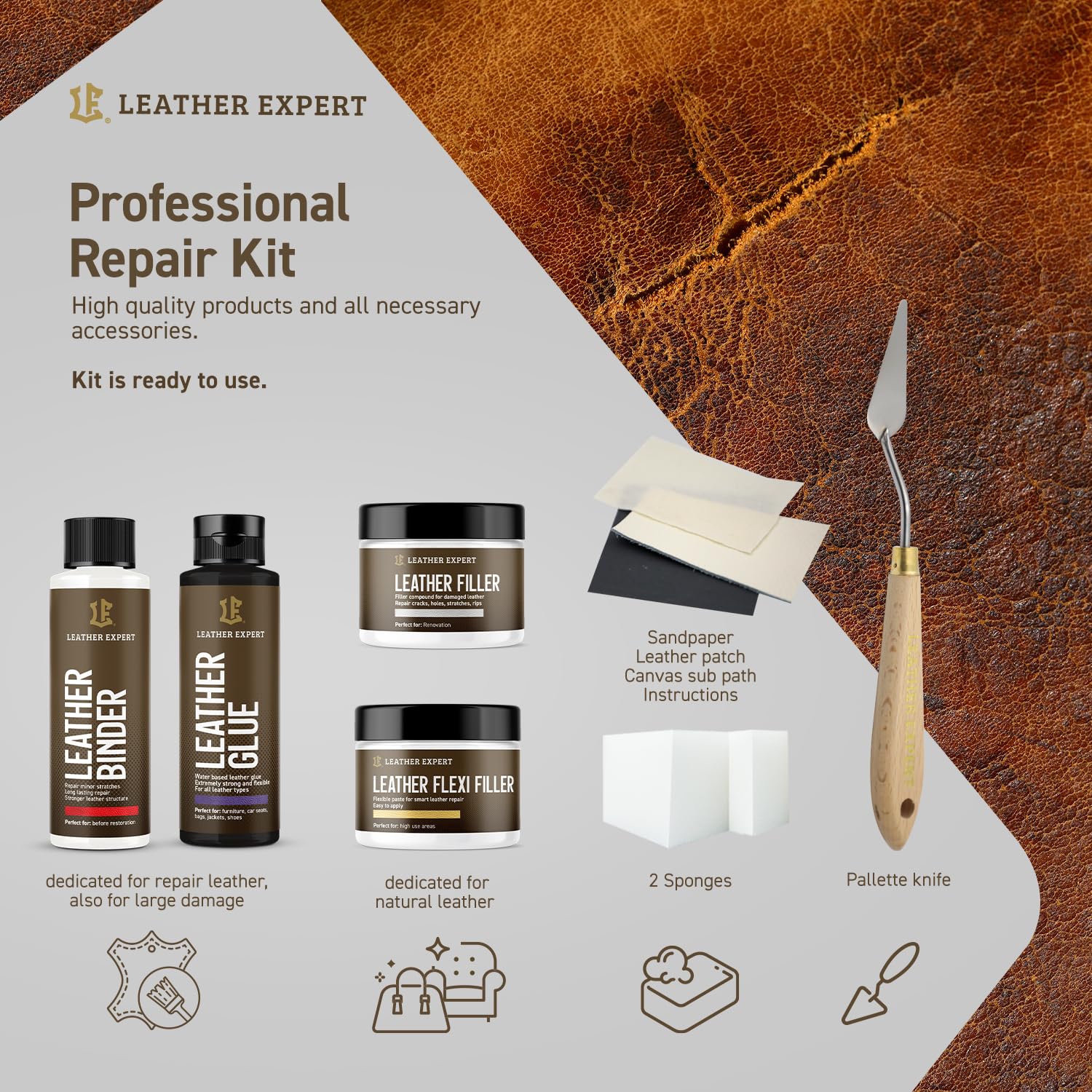 Leather Expert Kit d'entretien du Cuir Repair Kit - 2x25ml remplisseur de Cuir, remplisseur de Cuir Flexible + 2x50ml liant et Colle pour Cuir - Kit de Nettoyage du Cuir pour Voiture