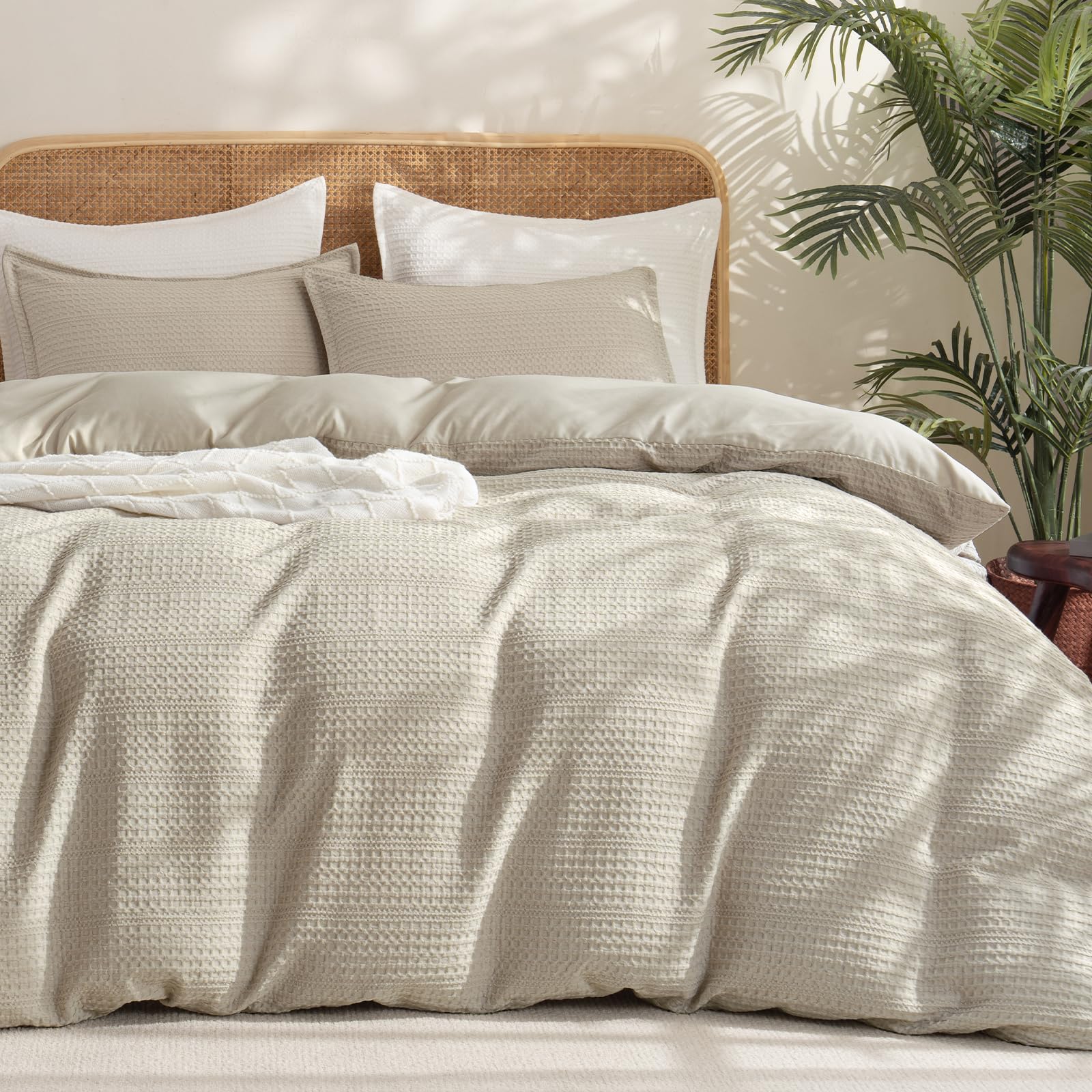 phf soft waffle duvet cover queen size- luxury textured no snagging waffle weave comforter duvet cover(90"x90") with 2 pillow shams, 3 pieces breathable bedding set for all season, natural