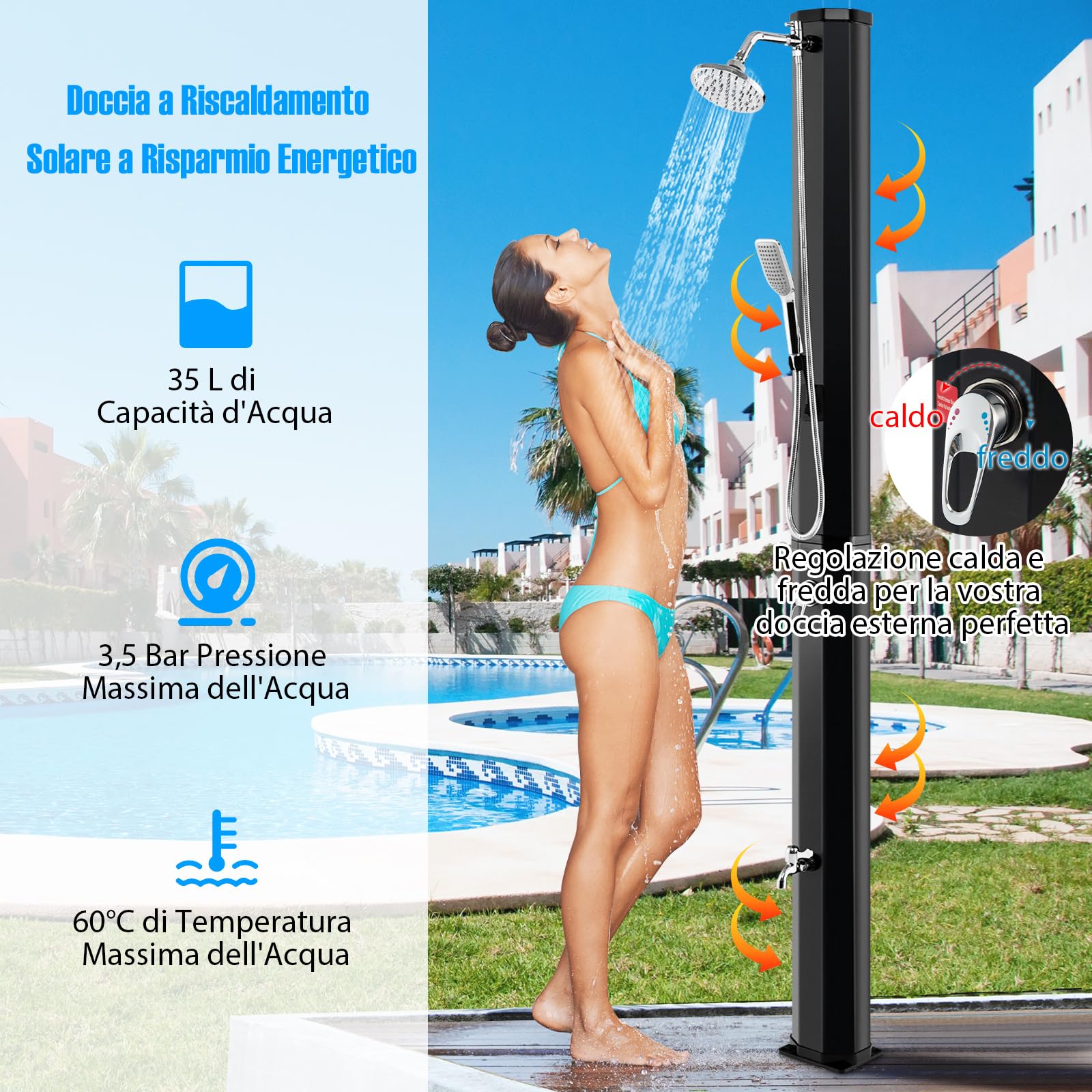 RELAX4LIFE Doccia Solare da Giardino 35 L, Soffione Doccia Girevole, Doccia a Piedi, Regolazione Temperatura per Piscina
