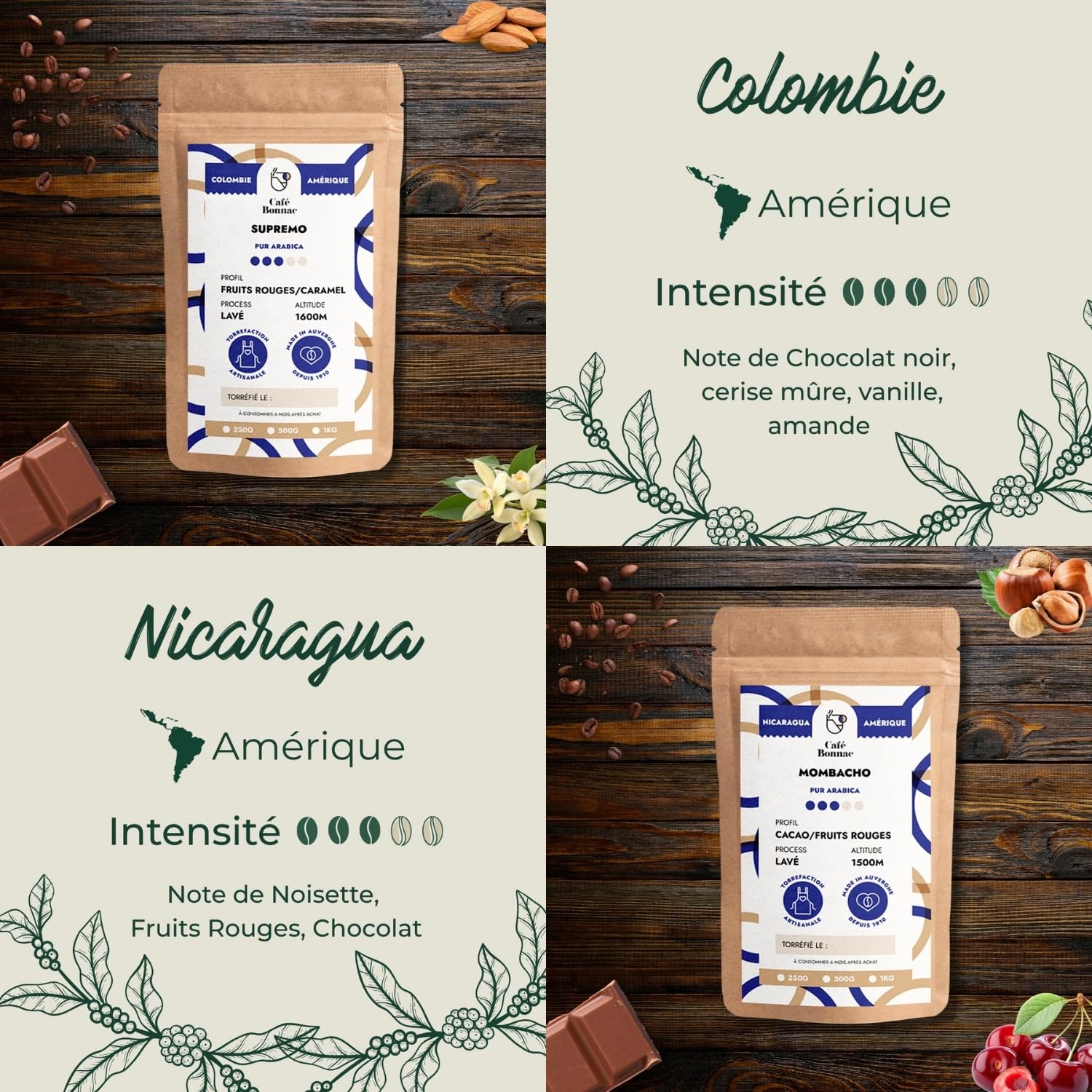 Café Bonnac – Coffret Découverte Cafés d’Amérique – Café en Grain – 4x250g – 100% Arabica – Costa Rica, Honduras, Nicaragua & Colombie – Torréfaction Artisanale Française – Idée Cadeau