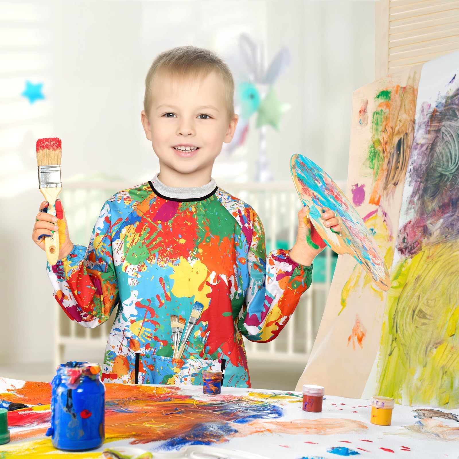 Roontin Kids Painting Apron - Waterproof Long Sleeve Art Apron with Pockets for Children Kids Aprons for Painting Cooking, and Crafting - Image 4