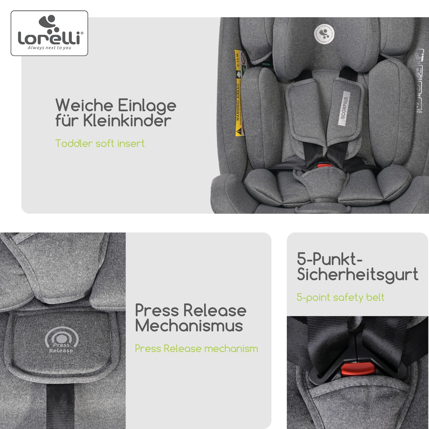 Lorelli Auto Kindersitz Scorpius i-Size, mitwachsender Autositz für Kinder von 40-150 cm, Babysitz, Autokindersitz ab Geburt bis 12 Jahre, Einstellbare Kopfstütze, 5-Punkt-Sicherheitsgurt, grün