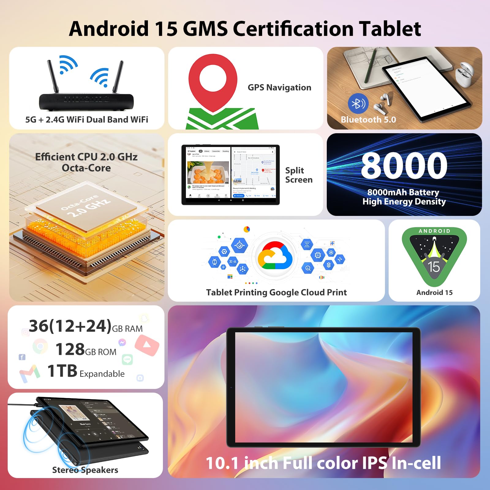 Tablet 10 Pulgadas Android 15 con 36GB RAM + 128GB ROM (1TB TF), 4G LTE+5G WiFi, Octa-Core 2.0 GHz, 8000mAh, Bluetooth 5.0, GPS, 8MP + 13MP, Tablet con Teclado, Negro