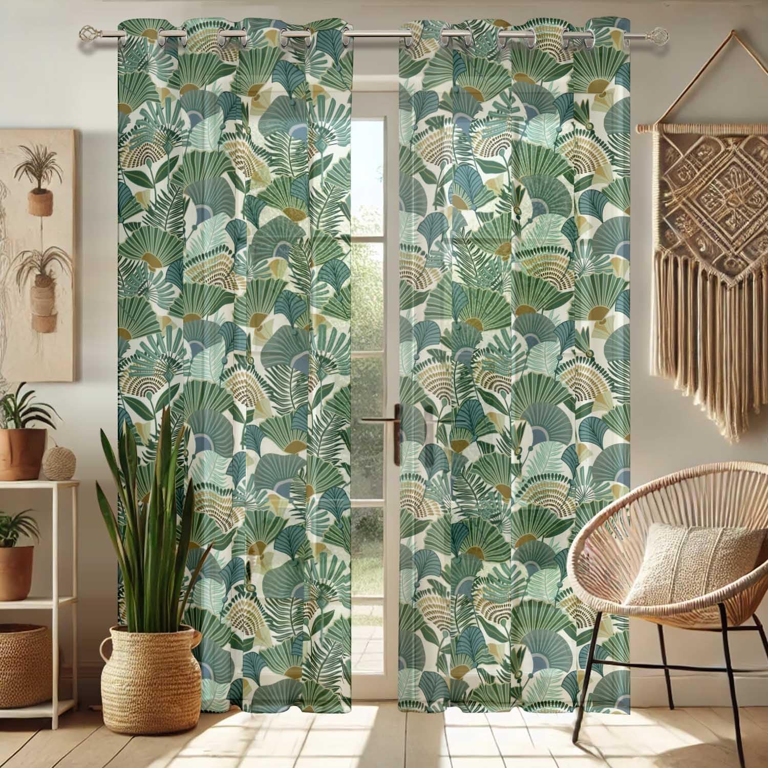 Green Tropical Leaves Design Sheer Curtains for Short Windows - Set of 2 Panels, 63", Grommet Top, Printed Georgette, Light Filtering Drapes for Kitchen or Bedroom