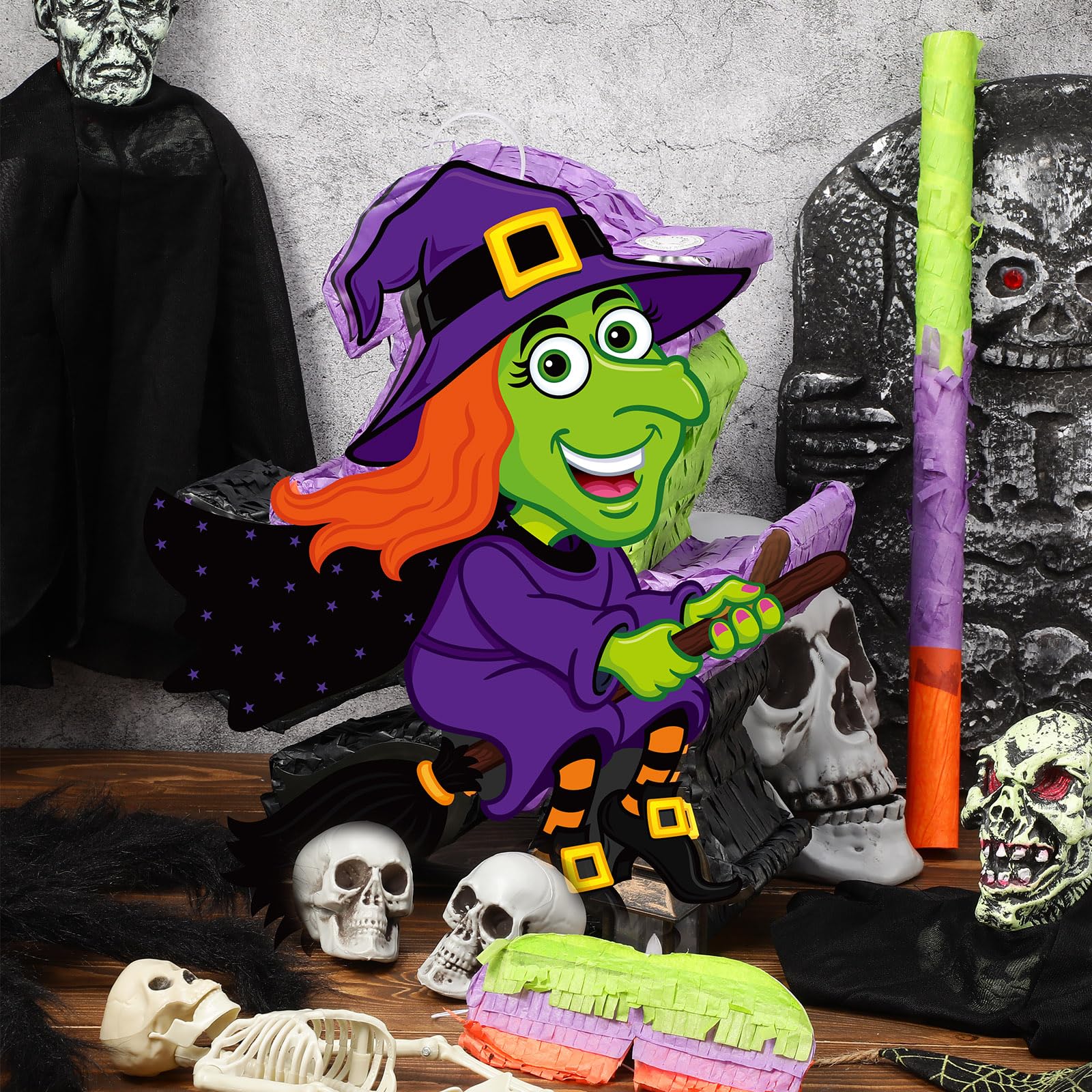 Aoriher Piñata de Bruja de Halloween Decorativa con Palo Vendar de Ojos y Confeti Piñata Rellena de Dulces para Halloween Fiesta Cumpleaños Mexicana Suministros Juego