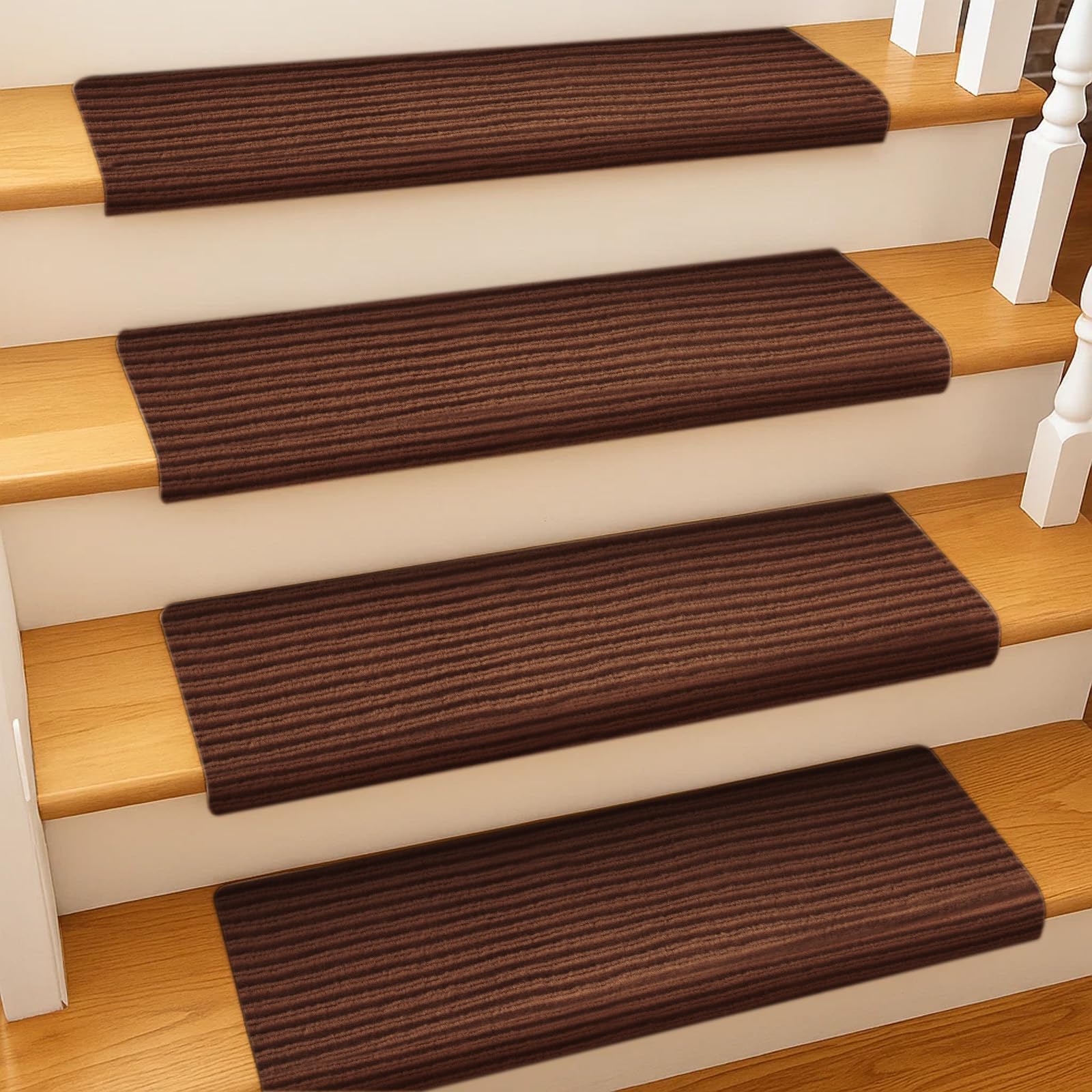 BREEZENEST 15 PCS Self-Adhesive Stair Treads for Carpet Steps - Non-Slip Stair Mats, Fabric Reusable Anti-Slip Stair Pads for Home Pets & Elders (Brown, 60x23cm)