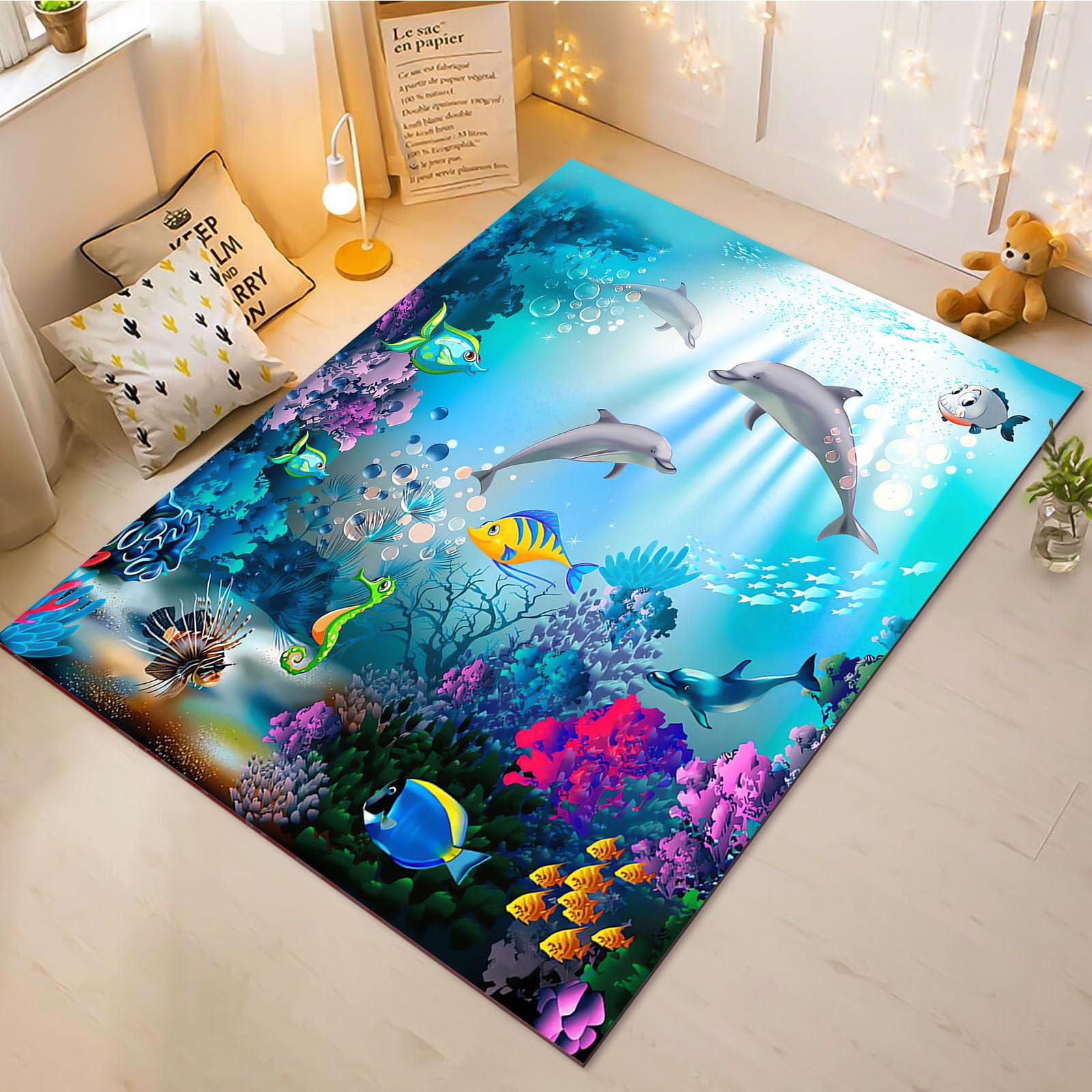 Tapis de chambre enfant bleu poisson grand format 160x230 pour décoration maison