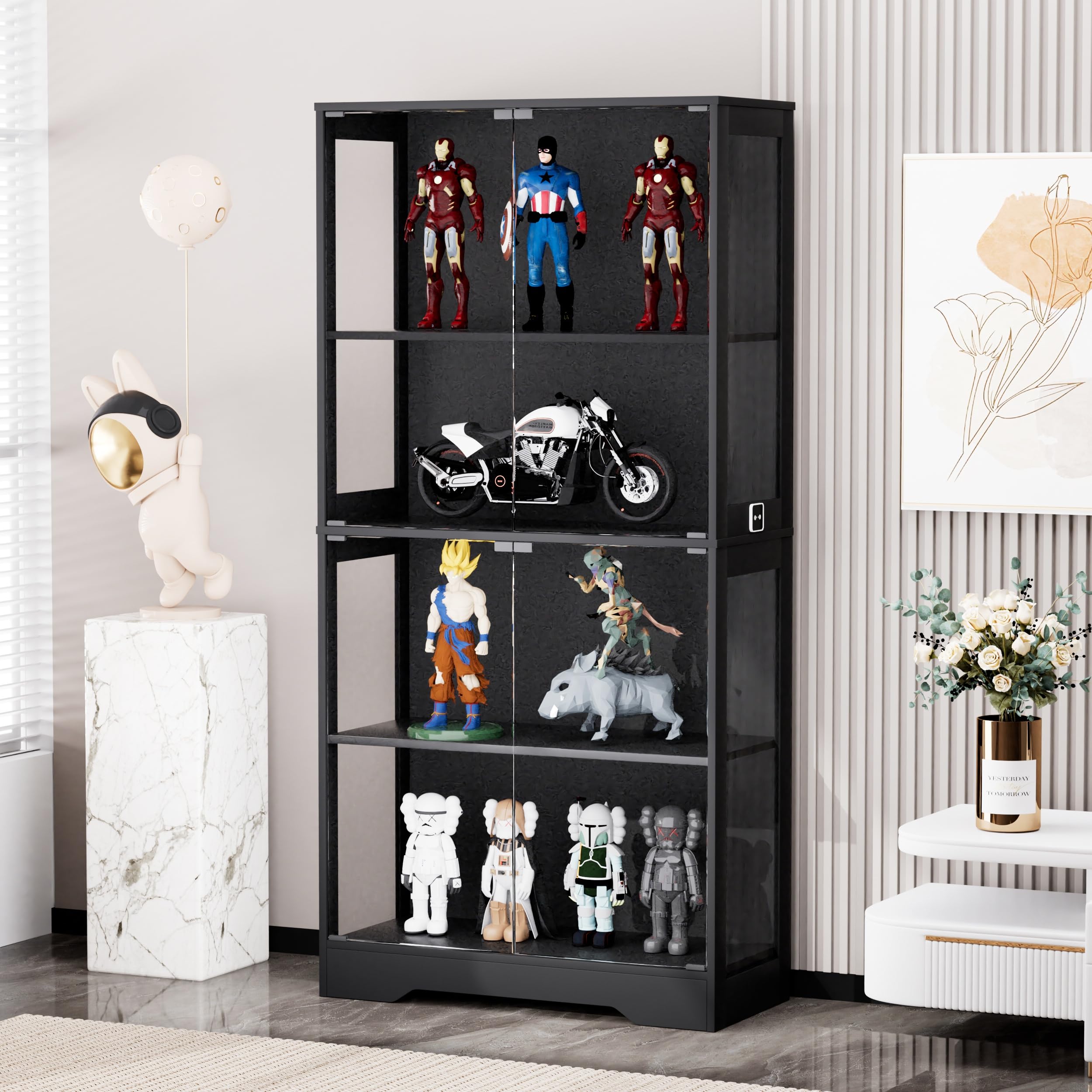 Vitrina de cristal de cuatro niveles con iluminación LED y espacio de almacenamiento – vitrina de cristal independiente con puertas de cristal, sensores inteligentes y armario de pantalla a prueba de