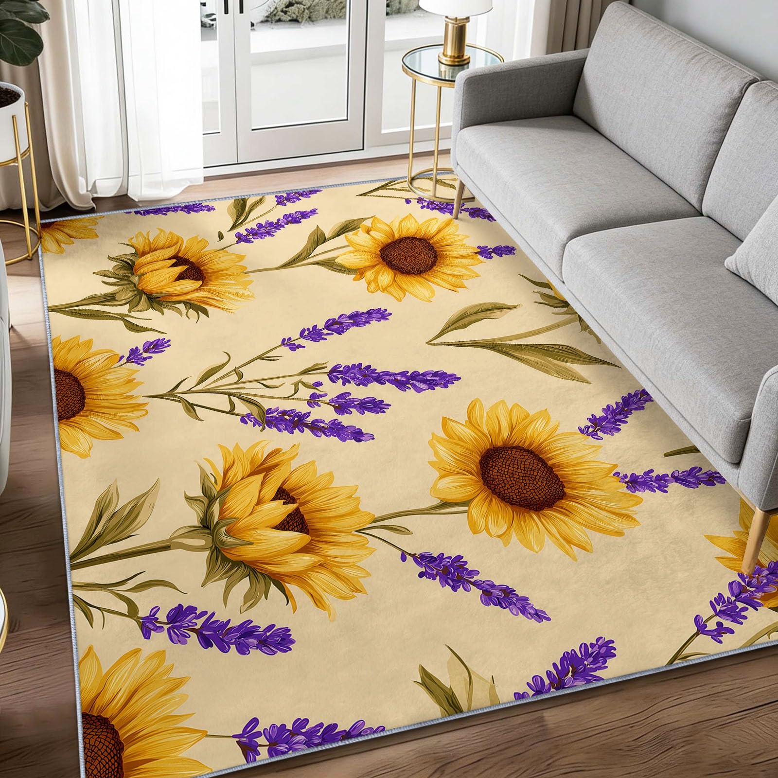 Tapis de salon lavable tournesol lavande résistant aux taches de la nursery