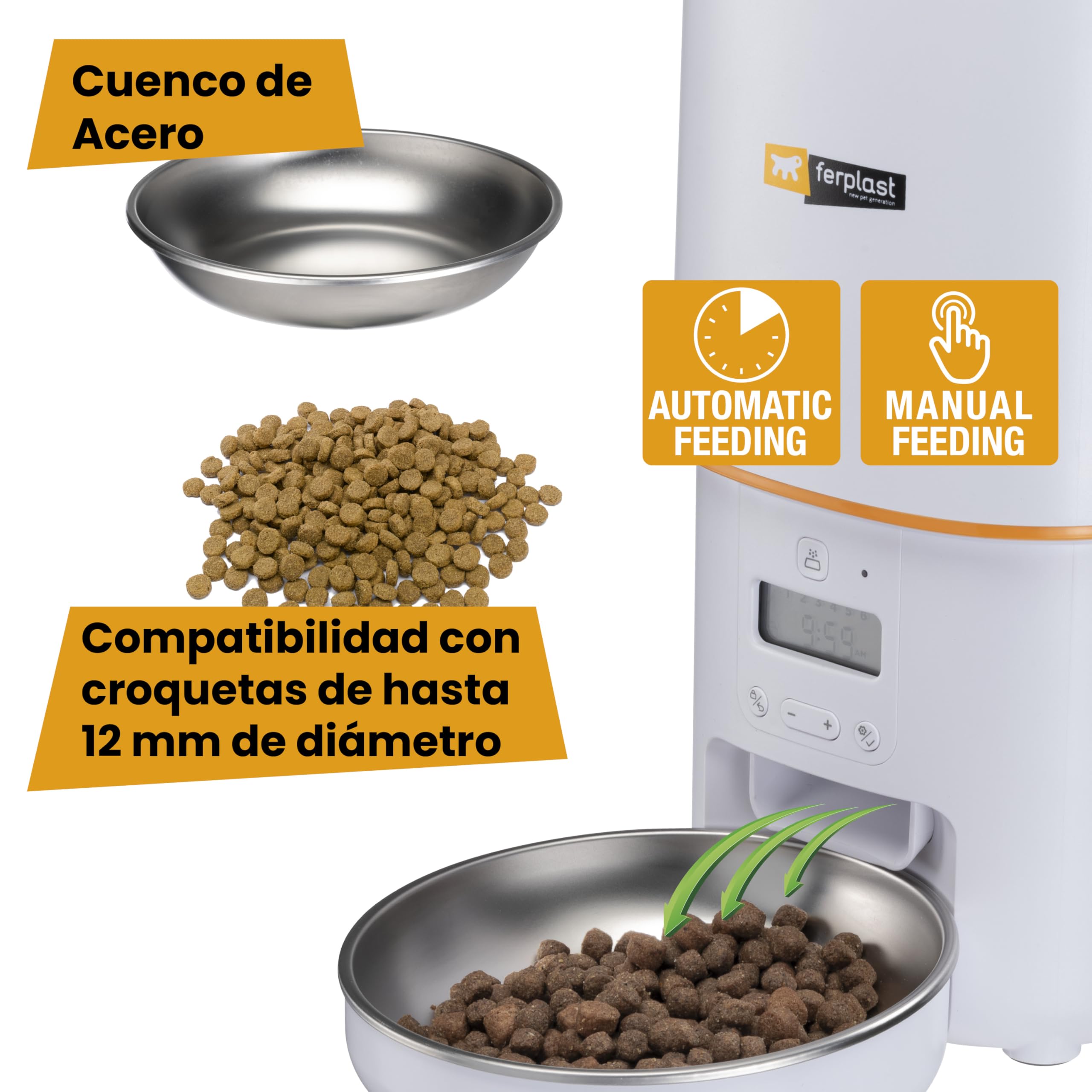 Ferplast Risto Pet Dispensador Automático de Comida para Perros y Gatos, Programable, 4 L de Capacidad, Doble Potencia, 6 Comidas al Día, Pantalla Retroiluminada, Comedero de Acero Inoxidable