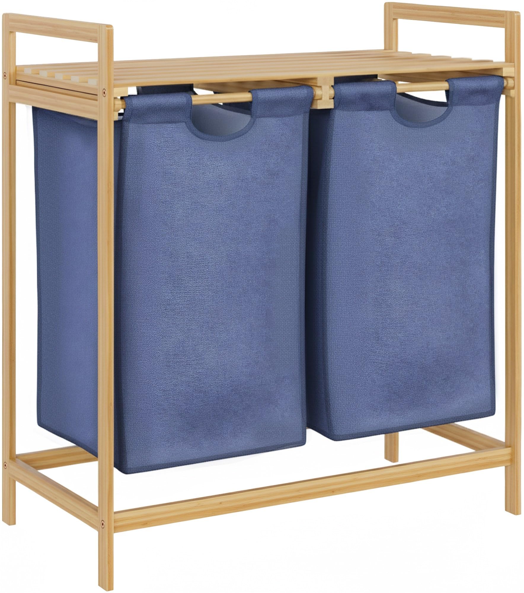 CLP Cesta Portabiancheria per Vestiti Sporchi 2 Scomparti Sussina, Scaffale per Lavanderia in Legno con Ripiano, Ceste in Bambù per Bagno, Colore:natura