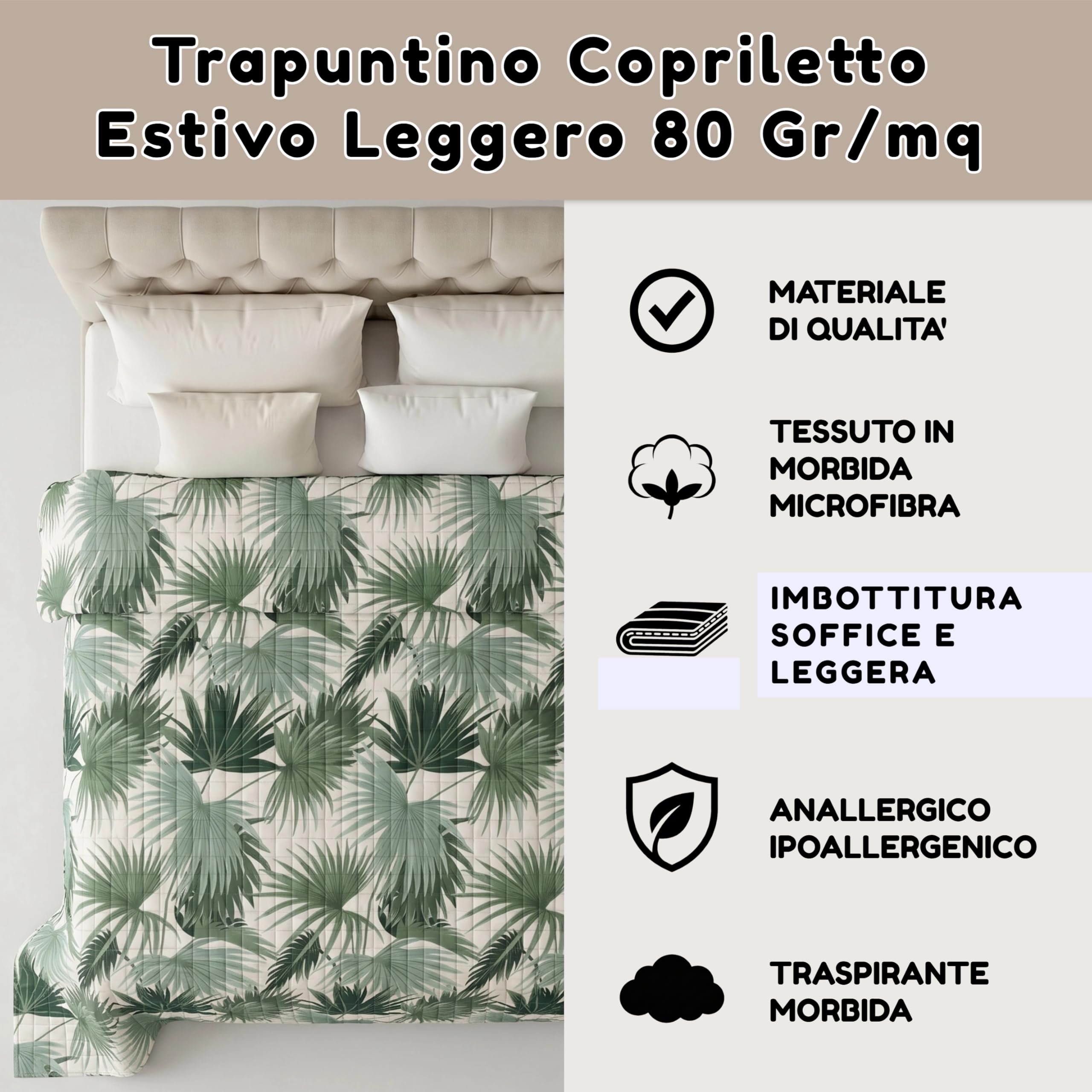 Riad Arredo Copriletto Trapuntato Matrimoniale Estivo Primaverile 260x260 cm – Trapuntino Leggero in Morbida Microfibra Traspirante Mano Delicata – Tropical