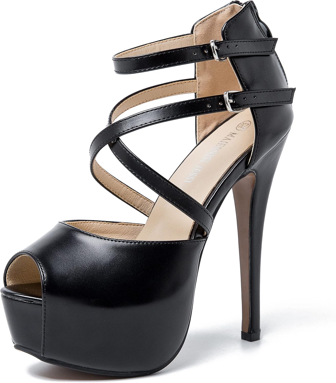 Women's Ankle Cross Strap Sandals Platform Stiletto Dress Zip 9.5 Black Matte