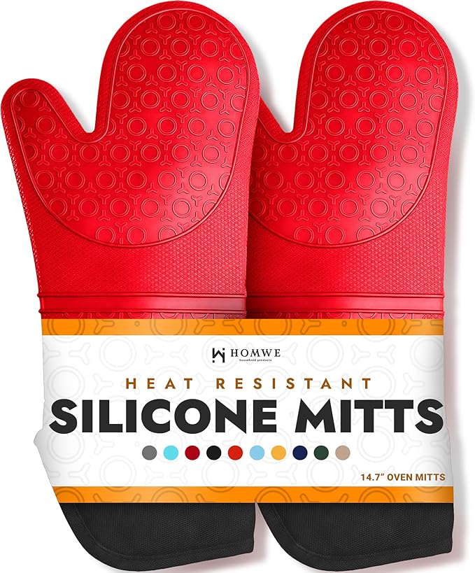 BPA-Free Soft Silicone Oven Mitts - Ultra Heat Resistant Oven Mitts with Thick Cotton Liner - Extra Long Slip Resistant Pot Holders, Flexible Oven Gloves - Red/Black 14.7