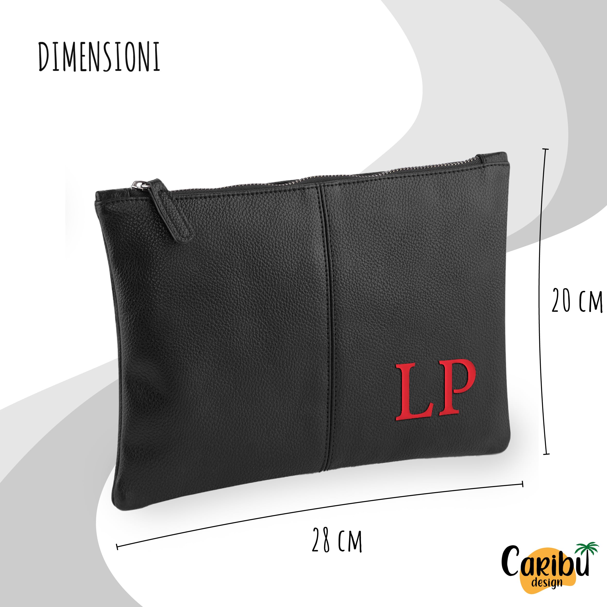 Borsello Uomo a Mano Personalizzato con Iniziali o Nome - Busta Elegante in Eco Pelle Pochette 28x20 cm con Cerniera per Accessori Lavoro Viaggio Casa Beauty Case Toilette (Nero)
