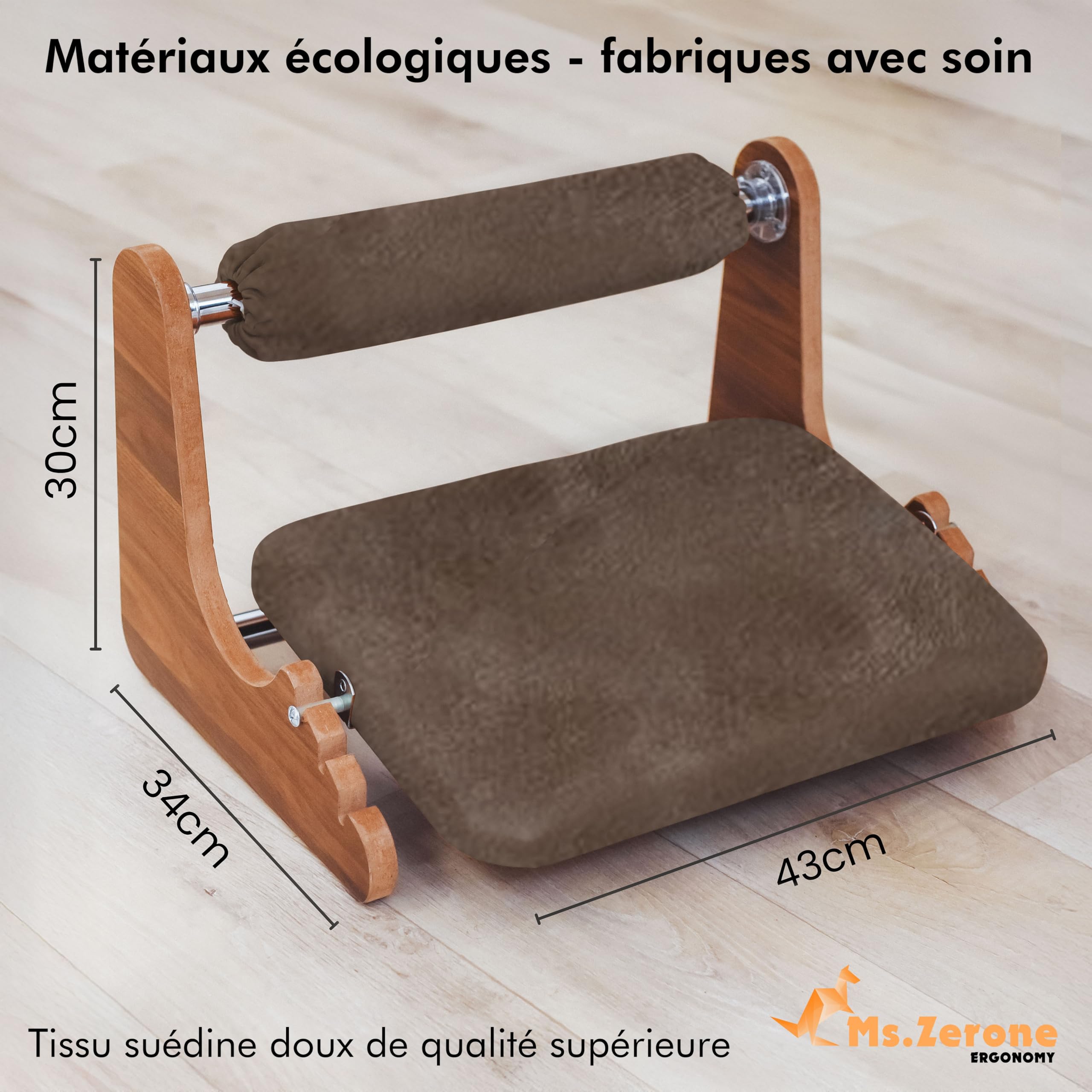 Ergonomische Fußstütze aus Holz – 3 verstellbare Höhen (6/8/10 cm) – Knöchelstütze aus weichem Wildleder – Wippbasis – rutschfest – Komfort für Telearbeit & Büro