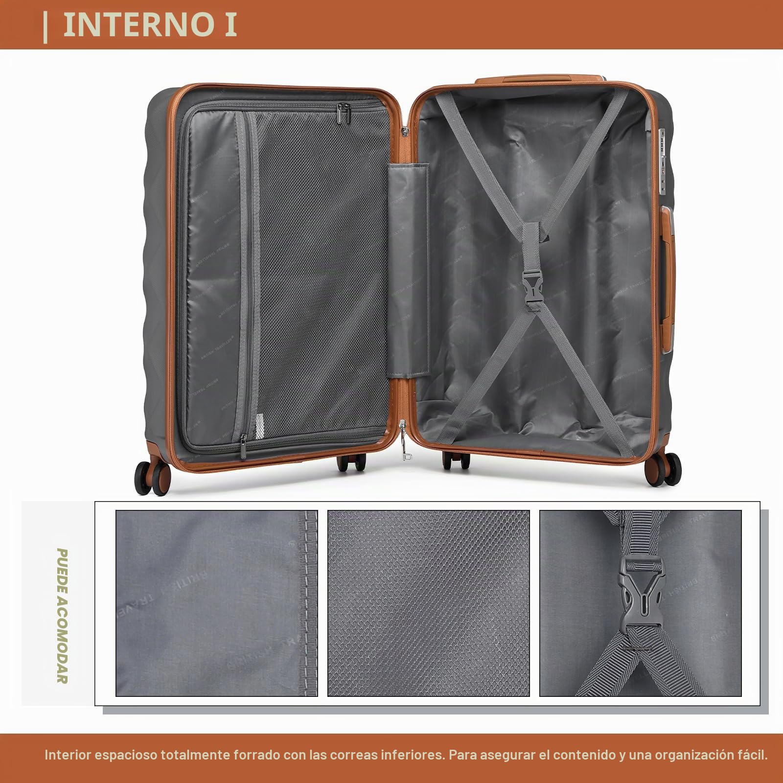 British Traveller Equipaje Duradero de ABS + PC con 4 Ruedas giratorias TSA Lock YKK Zipper