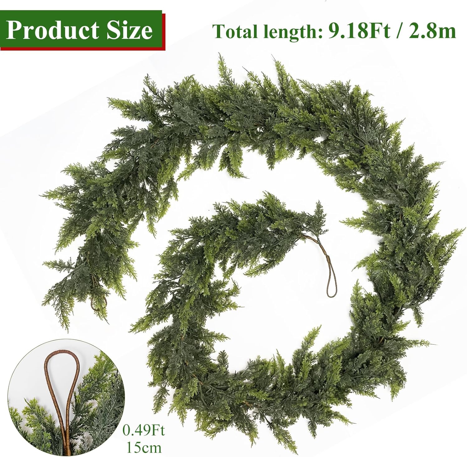 Realistic Christmas Cedar Garland 9 Ft, Real Touch Faux Christmas Cypress Garland Green Thick and Lush Artificial Cedar Pine Greenery for Mantle, Stairs, Fireplace, Indoor & Outdoor Decor
