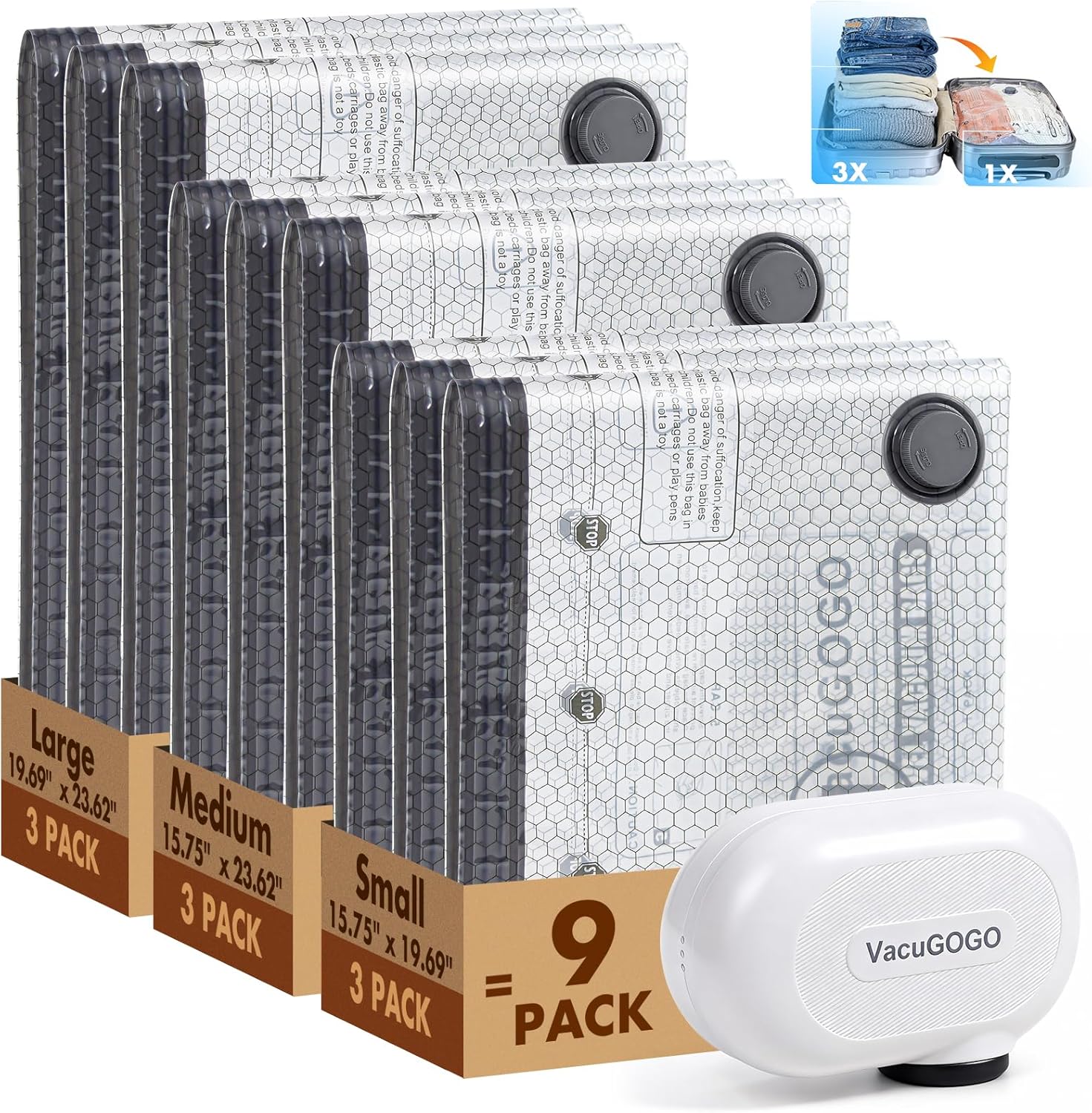 Travel Vacuum Storage Bags with Pump, Carry-on Luggage Compression Bags + Portable Electric Pump, 80% Space Saver for Clothes, Vacuum Seal Bags for Clothing Packing Travel, Pack of 9