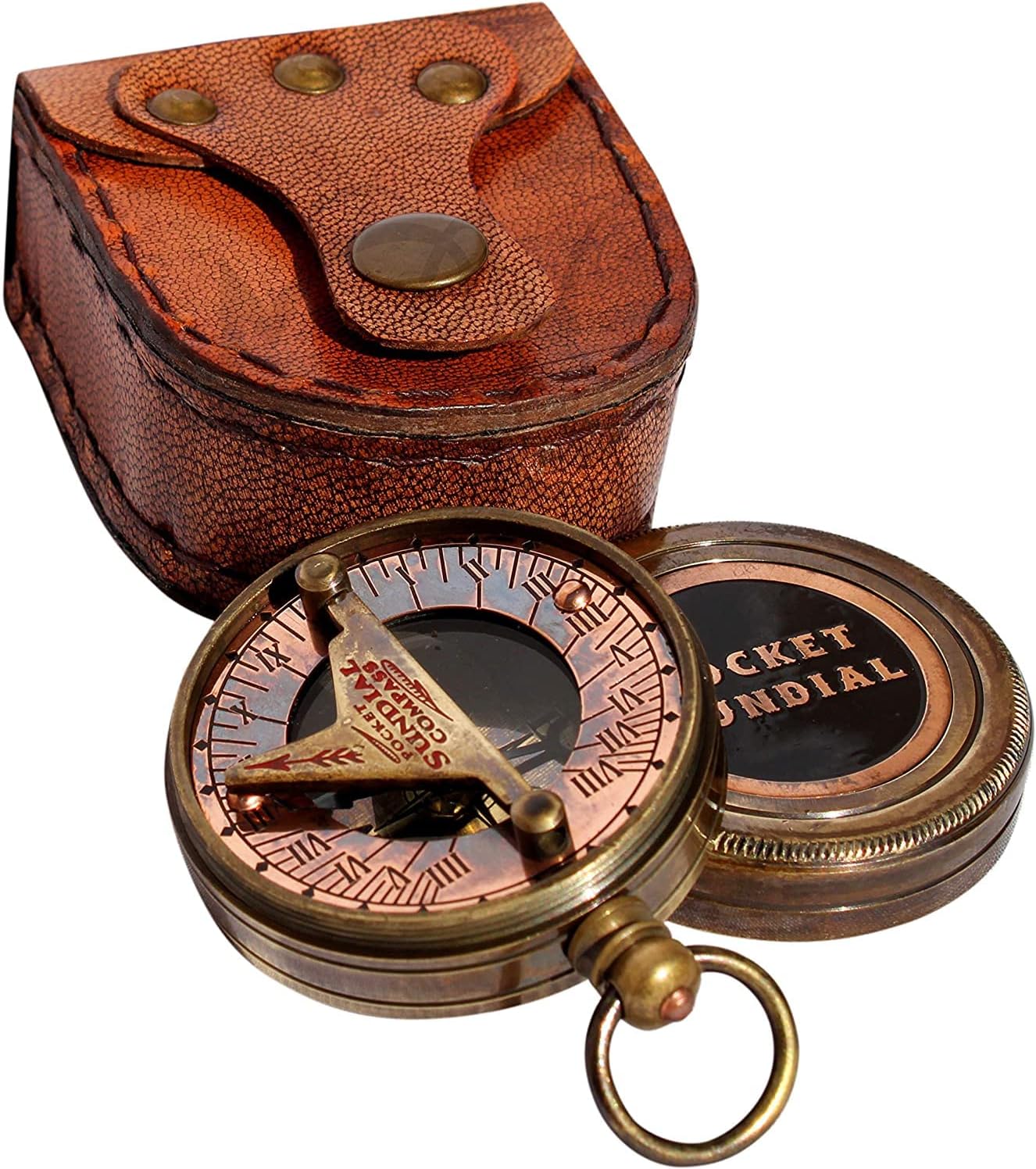 Handmade Brass Sundial Compass Marine Compass Sun Clock – Steam Punk Accessory – Nautical - Home décor Sundial Watch Nautical Vintage Antique Style with Leather Case