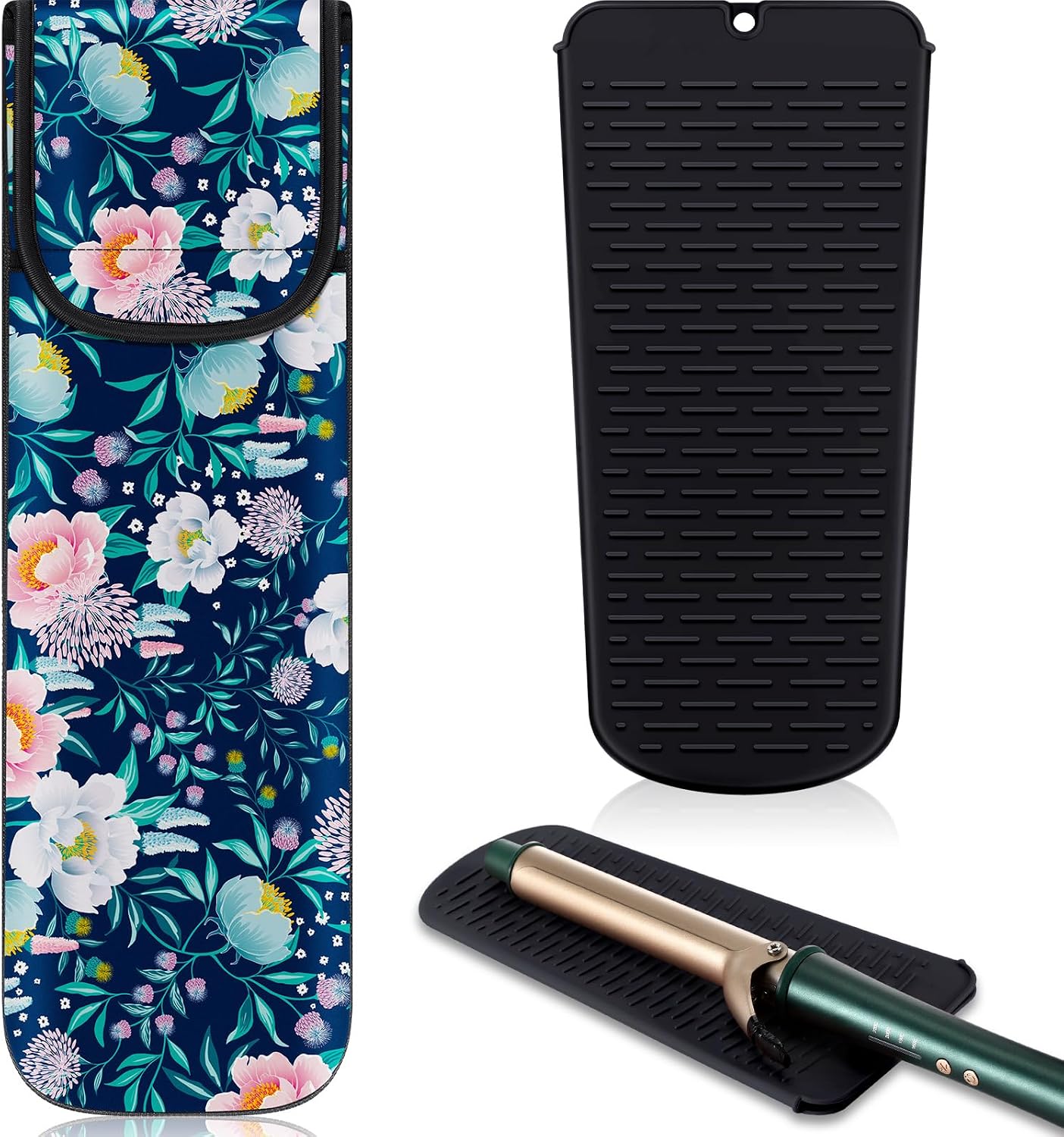 Shappy 2 Pcs Heat Resistant Hair Tools Bag Curling Iron Travel Case Cover Neoprene Flat Iron Holder Travel Case and Silicone Mat Pouch for Hot Hair Tools Storage Organizer(Flower Style)