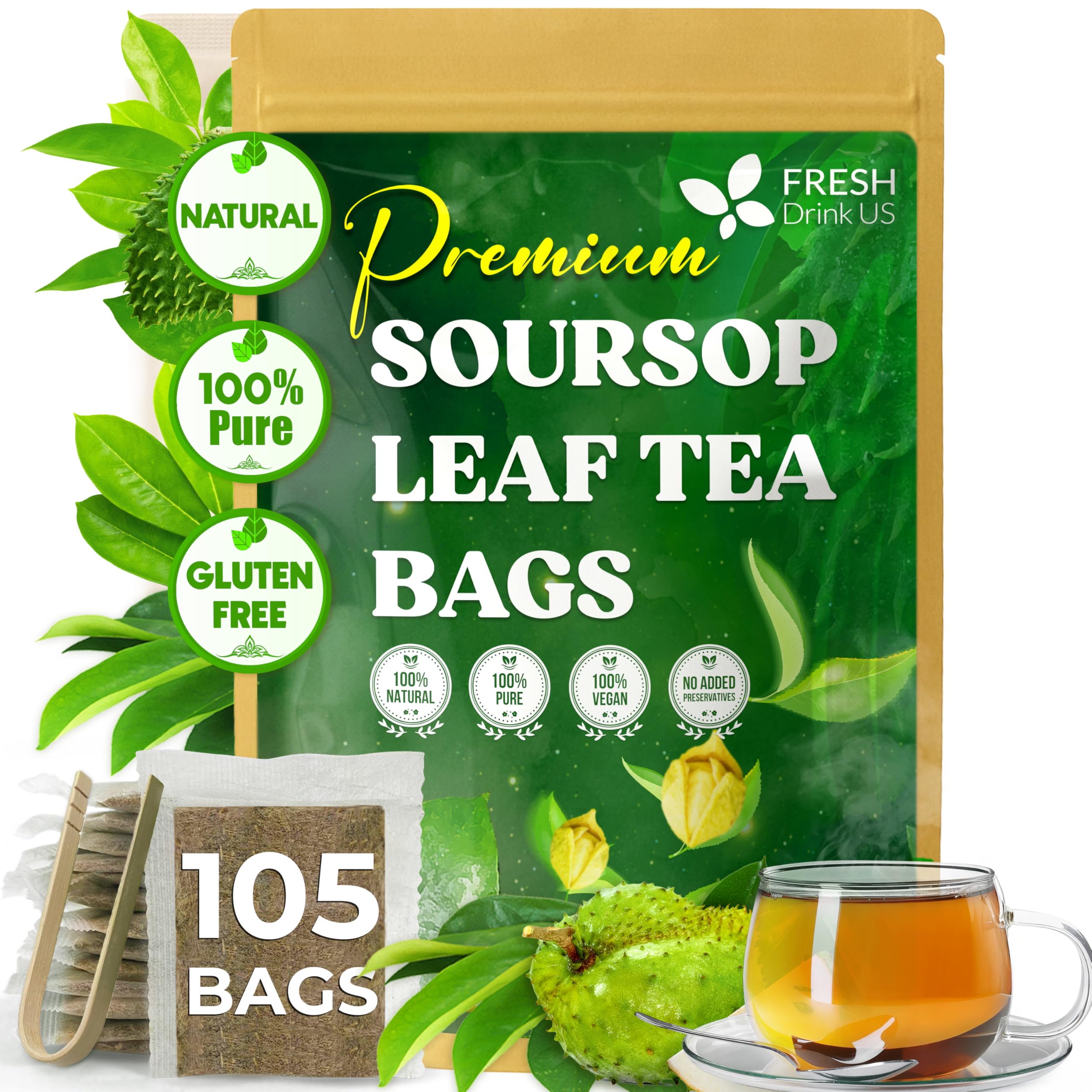 FreshDrinkUS, 105 Premium Soursop Graviola Leaf Tea Bags, The Finest Soursop Tea, 100% Natural and Pure, Handmade, Made With Natural Materials-Corn Fiber Tea Bag, Sugar/ Caffeine/ Gluten Free, Hoja
