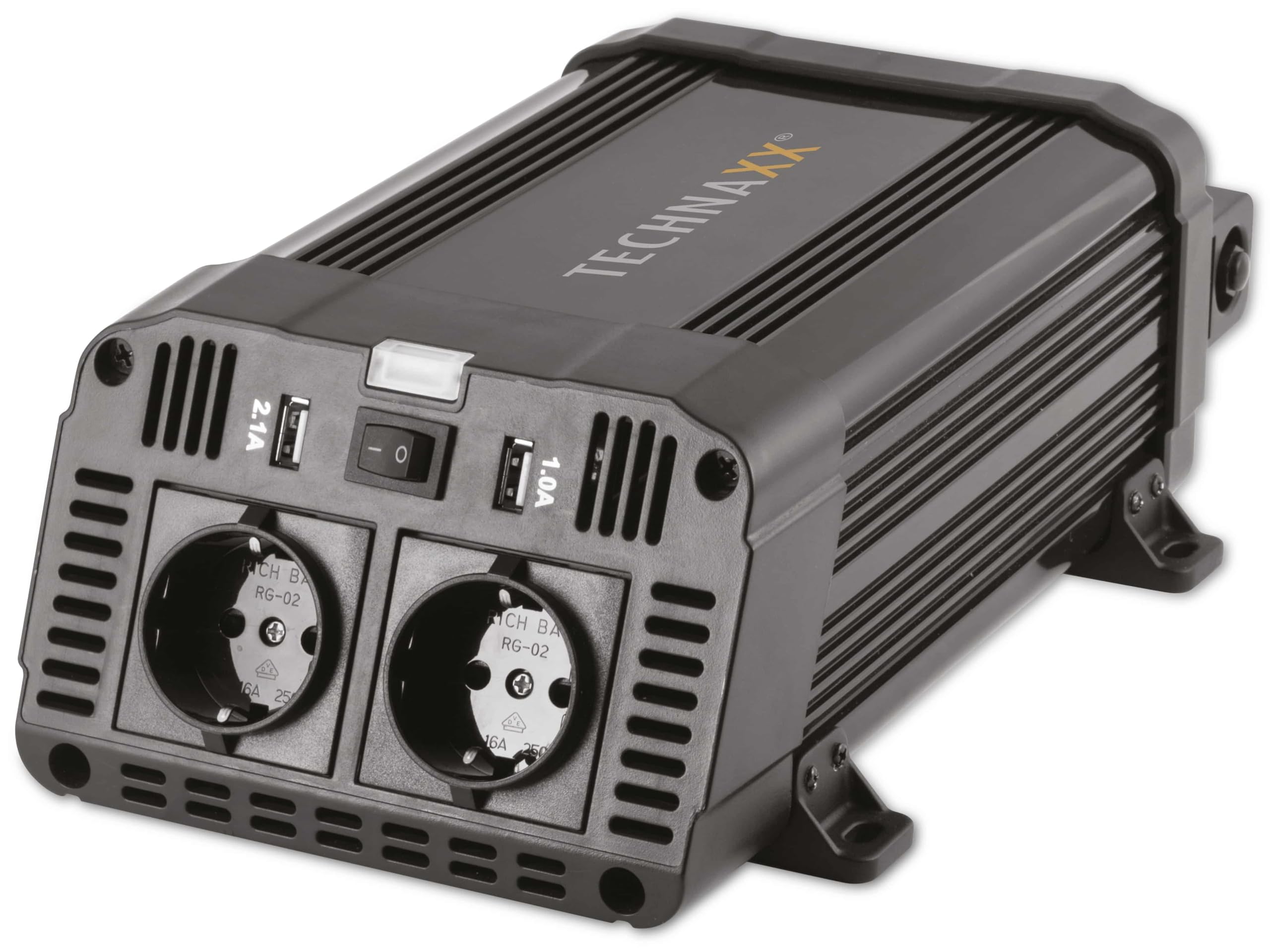 Technaxx Falownik samochodowy 12 V na 230 V – certyfikowany przez TÜV Rheinland inwerter samochodowy z 2 wtyczkami Schuko i 2 x portem USB – Power 1200 W / 2400 W (końcówka) – przetwornica napięcia