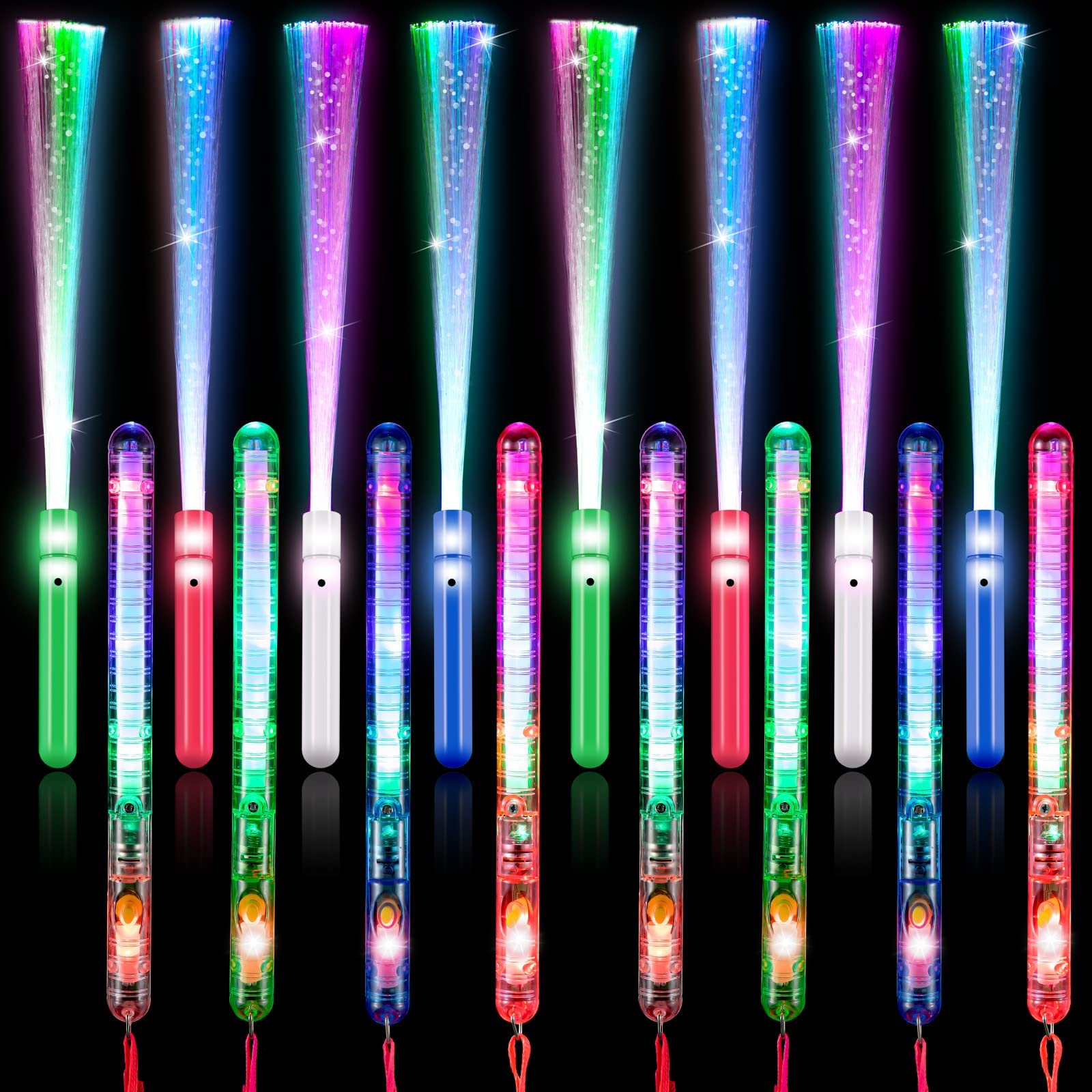 MAKINGTEC Color Glow Sticks, Glow in the Dark Party Supplies Includes 4 Fiber Optic Light up Wand and 4 LED Glow Sticks Glow Flashing Wands Multi Color Glow Sticks for Party Included (8 Pieces)