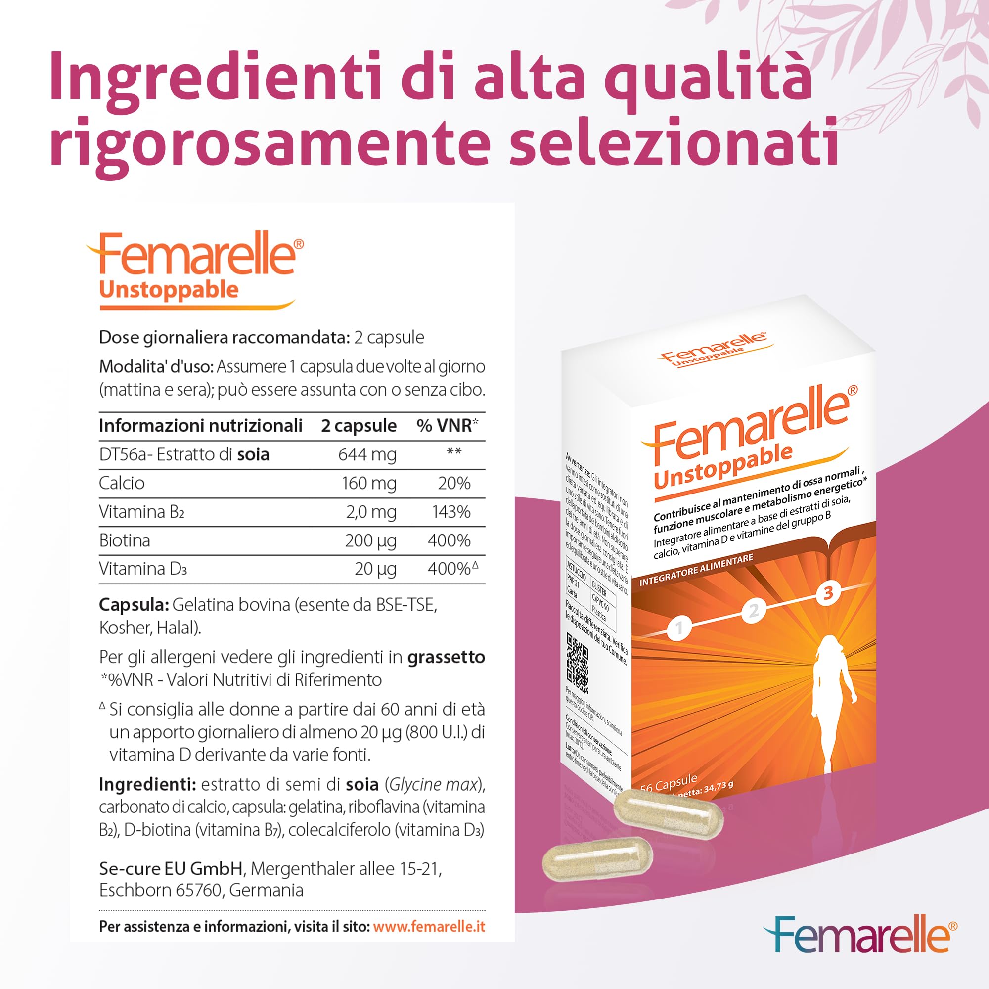 Femarelle Unstoppable – 56 capsule - Supporto dopo la menopausa con DT56a, Vitamina B2, Vitamina D3, Biotina e Calcio