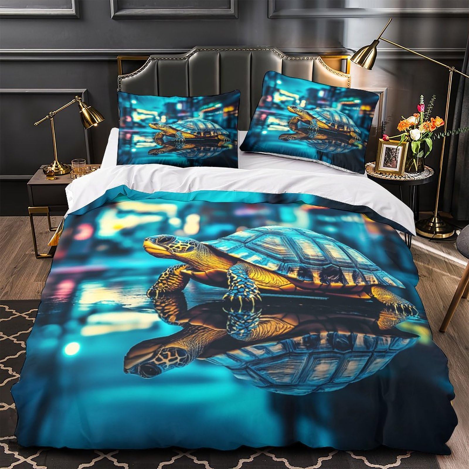Housse de couette tortue 3D lit double 200x200 en microfibre