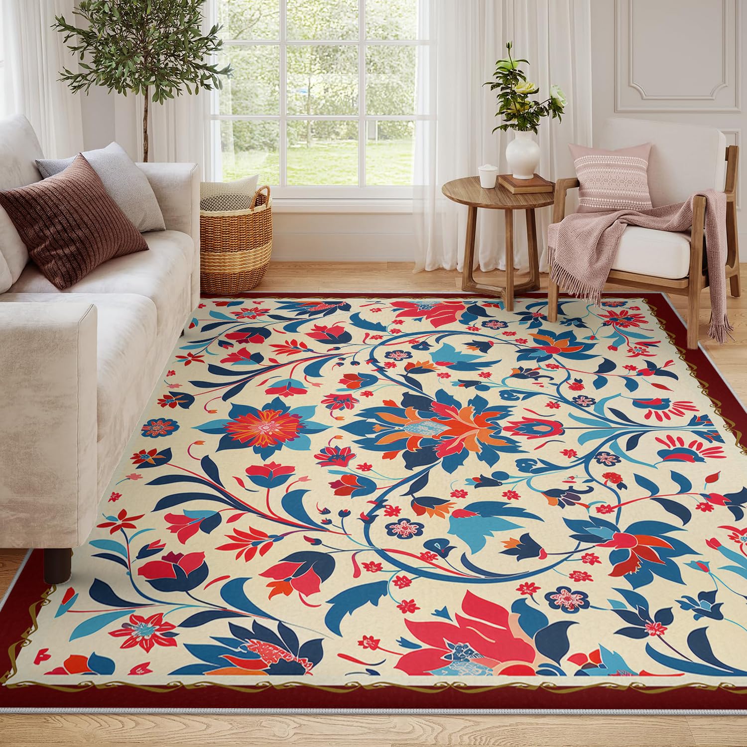 Dywan obszarowy 140x200 cm tradycyjny orientalny design dywaniki z kwiatowym nadrukiem niebieski i czerwony dywan z niskim włosiem dywan do obszarów o dużym natężeniu ruchu w salonie i sypialni