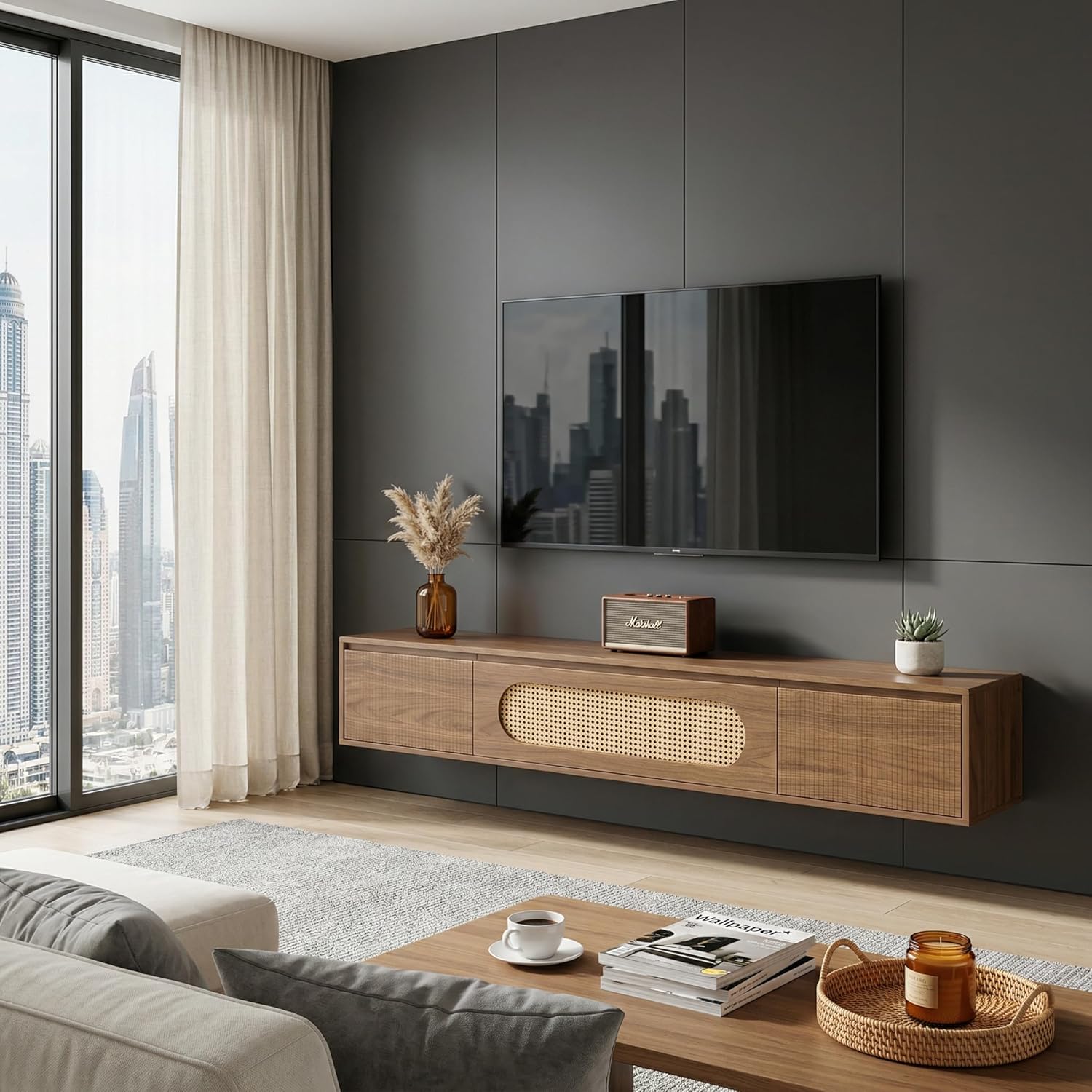 LITTLE TREE 71'' Floating TV Stand Wall Mounted, Large Floating TV Stand, Fluted Floating Shelf for Under TV, Modern Media Console with Drawers & Flip-Down Cabinet Doors for Living Room, Bedroom