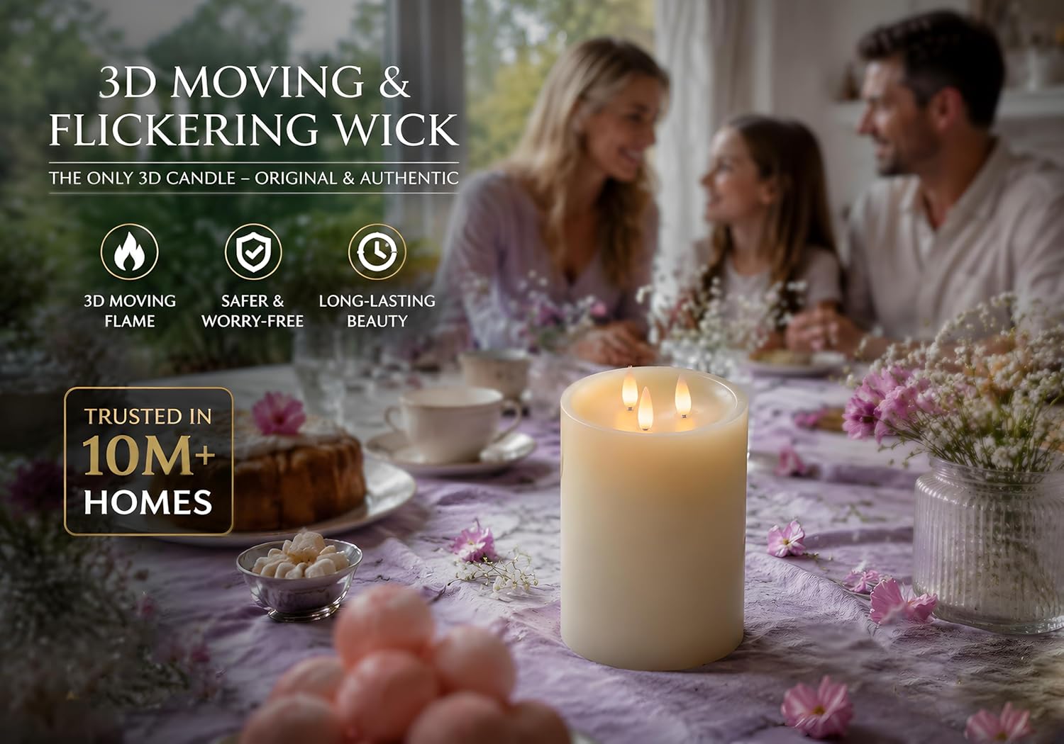 3-Wick Flameless Pillar Candle with Remote Timer, 3D Moving Flame Real Wax Led Candles (Ivory with 3 Wick, 6.5in)