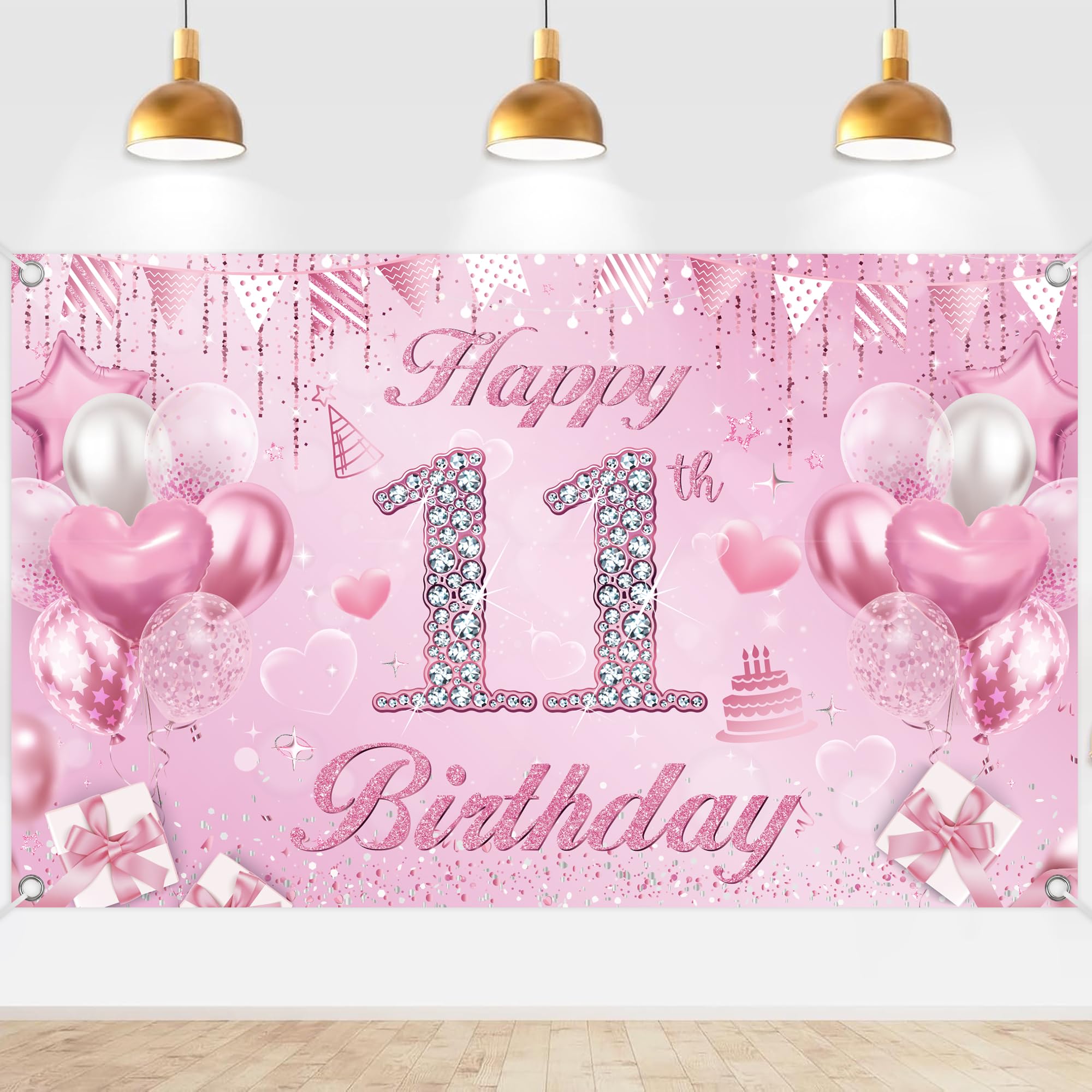 11th Birthday Decorations Banner for Girls, Pink Glitter Birthday Backdrop Banner 180x110cm, Princess Party Background for 11 Year Old Girl Birthday Party