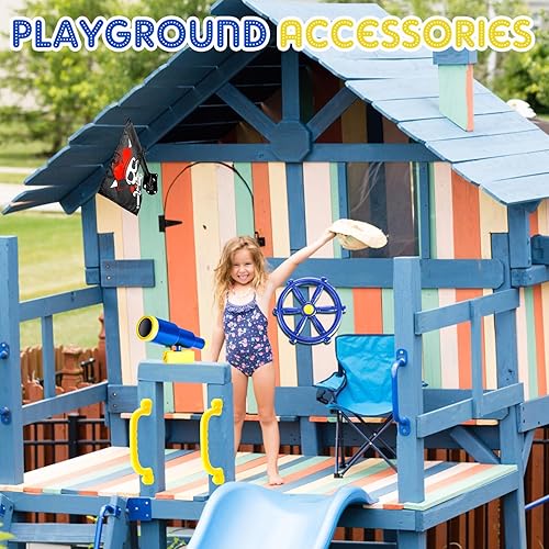 Miniatura 5 de Junkin 5 piezas de equipo de parque infantil, volante pirata, telescopio pirata, asas de seguridad, banderas piratas para patio al aire libre, juego