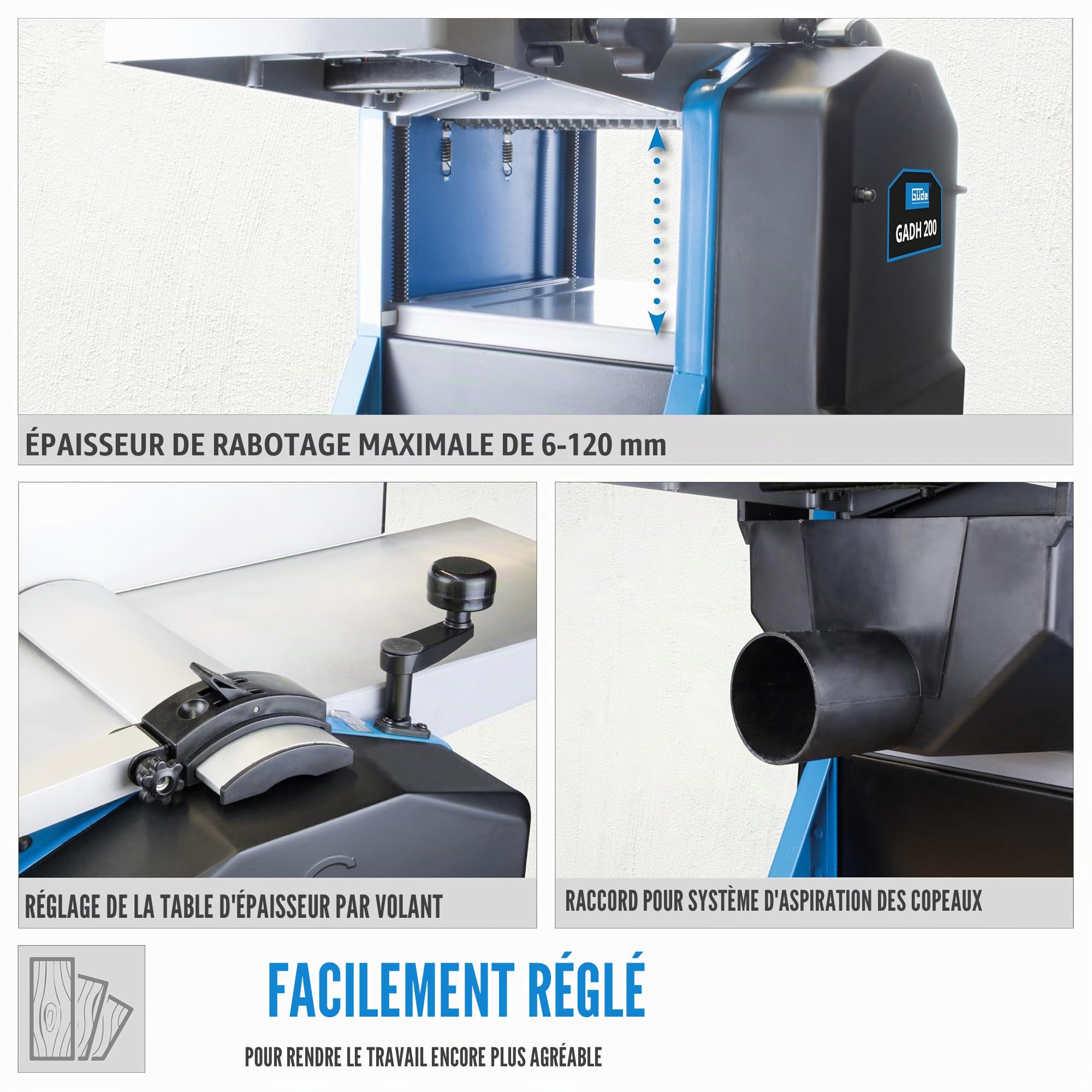 Güde 55440 GADH 200 Rabot de dégauchissement et de dégauchissement (tables de dressage en aluminium moulé sous pression, protection d'arbre de rabotage, interrupteur de surcharge), bleu, 82 x 46 cm