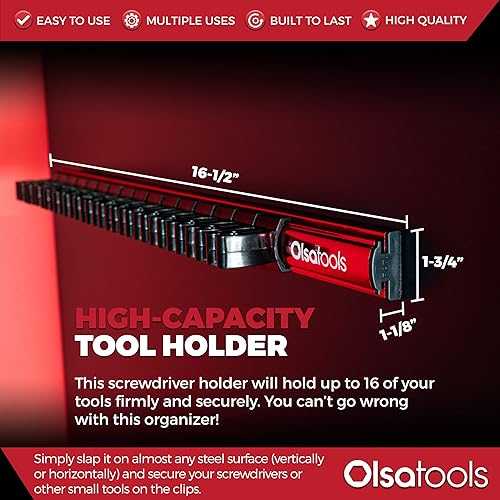 Miniatura 5 de Olsa Tools Organizador magnético de destornilladores  Soporte de herramientas de calidad profesional  Se adapta a hasta 16 destornilladores  Rojo