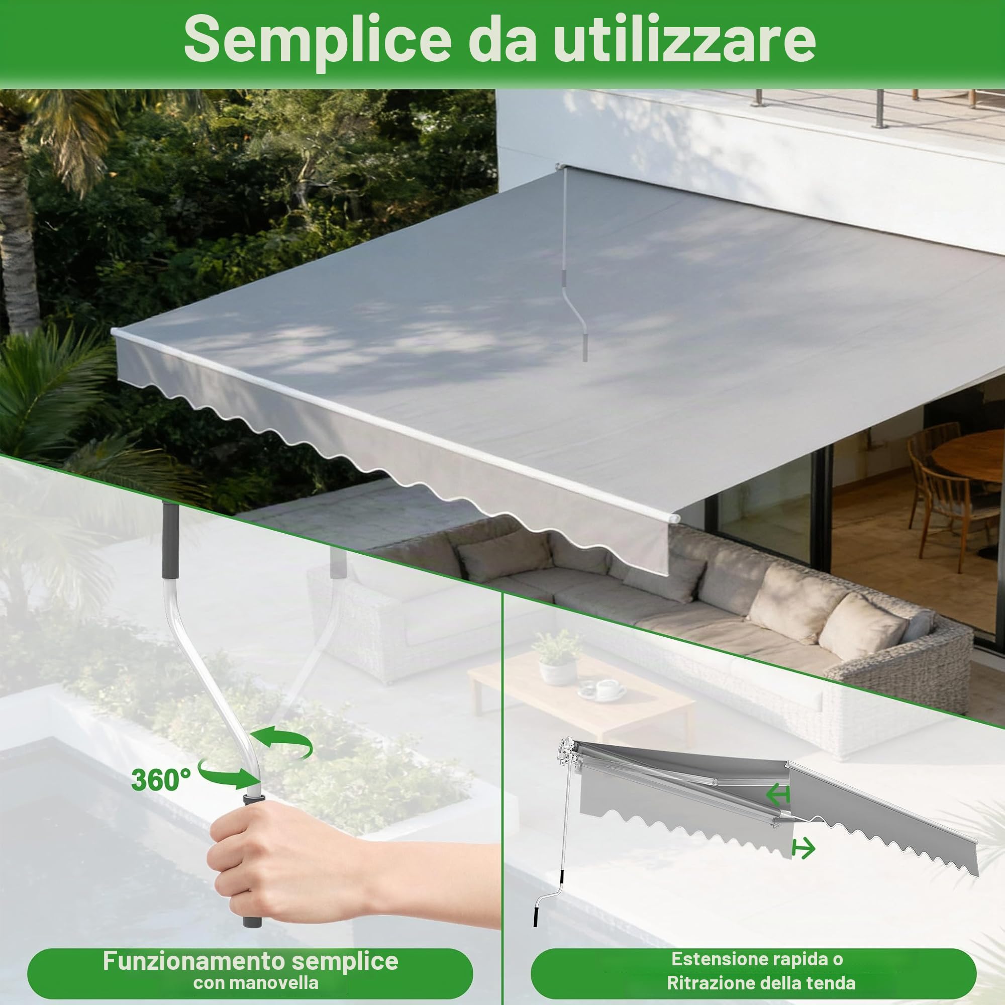 ACXIN Tenda da sole in alluminio, 3,6 m x 3 m, per balcone, protezione UV, facile da usare a manovella, per terrazze, colore: grigio chiaro